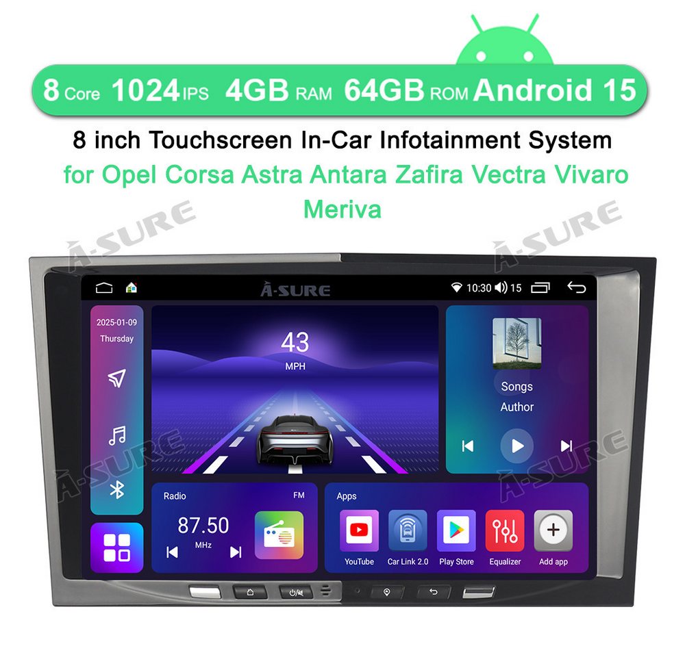A-Sure 8 Core 4+64G Android 15 Carplay GPS Für Opel Corsa D C Astra H Vectra Autoradio (Digitalradio (DAB), Carplay Android Auto Bluetooth EQ USB GPS Navi WIFI Touchscreen) Bild 2