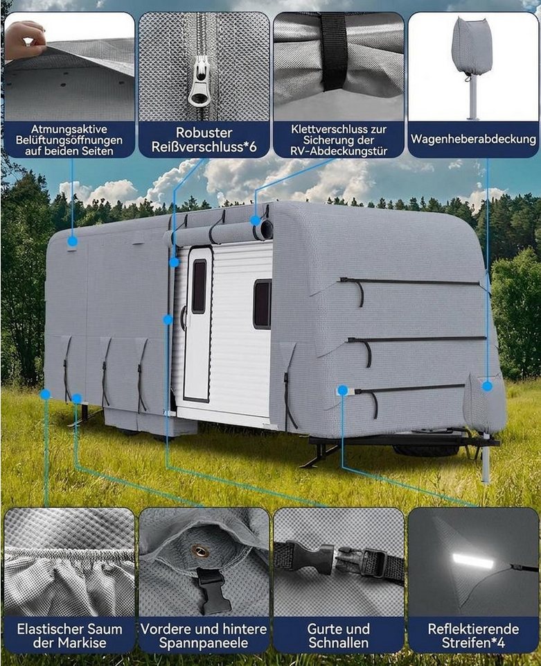 GarveeMore Wohnmobilschutzhülle Wohnwagenabdeckung für 5,5-10,7 m, wasserdicht, grau, mit Zugangspanelen, Belüftung, Windschutzgurten Bild 3