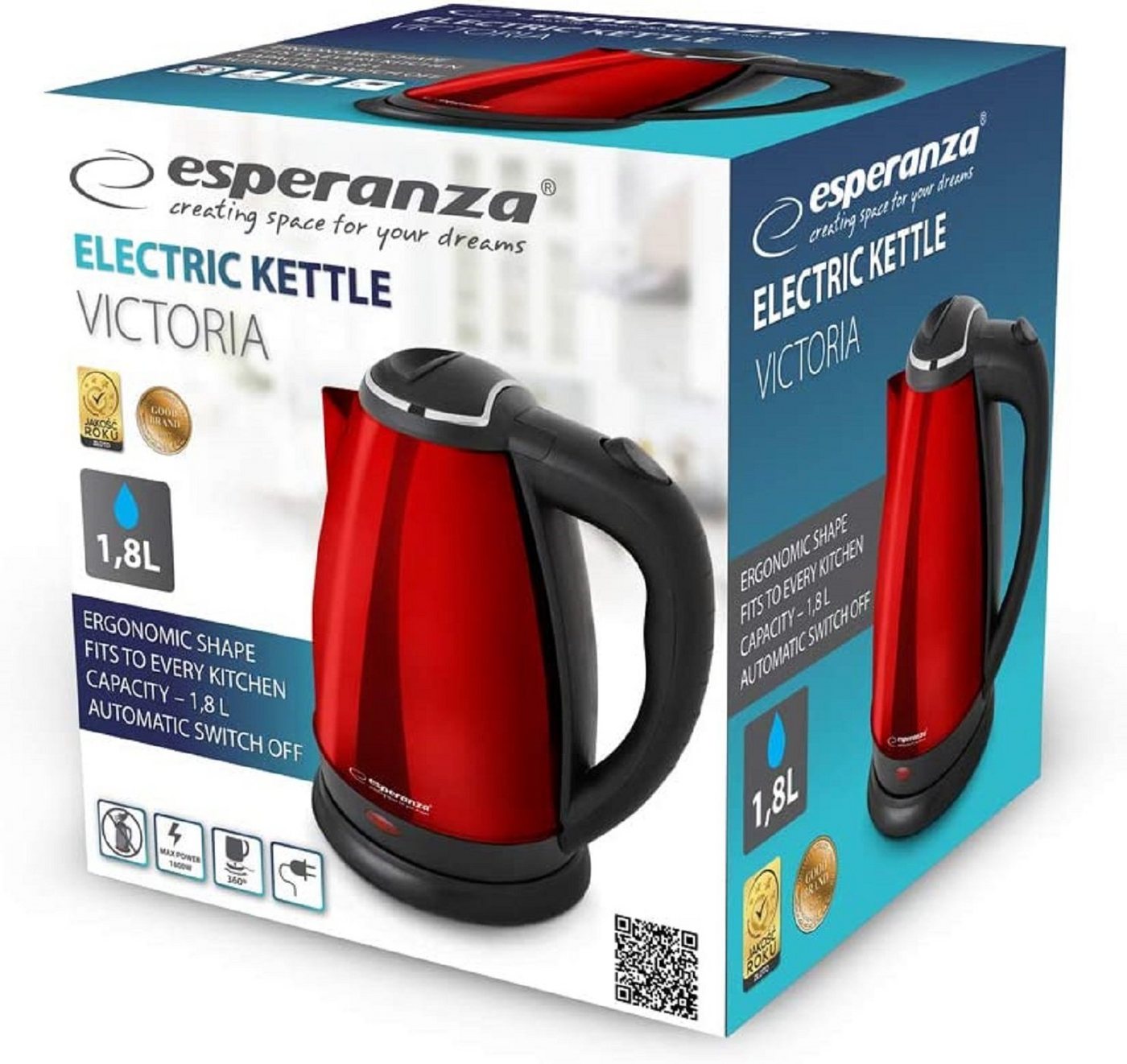 Esperanza Wasserkocher Esperanza Wasserkocher 1,8 l, 1800W Rot, Kunststoff, Edelstahl, 1,8 l, 1800,00 W, Kunststoff, Edelstahl & Automatische Abschaltung