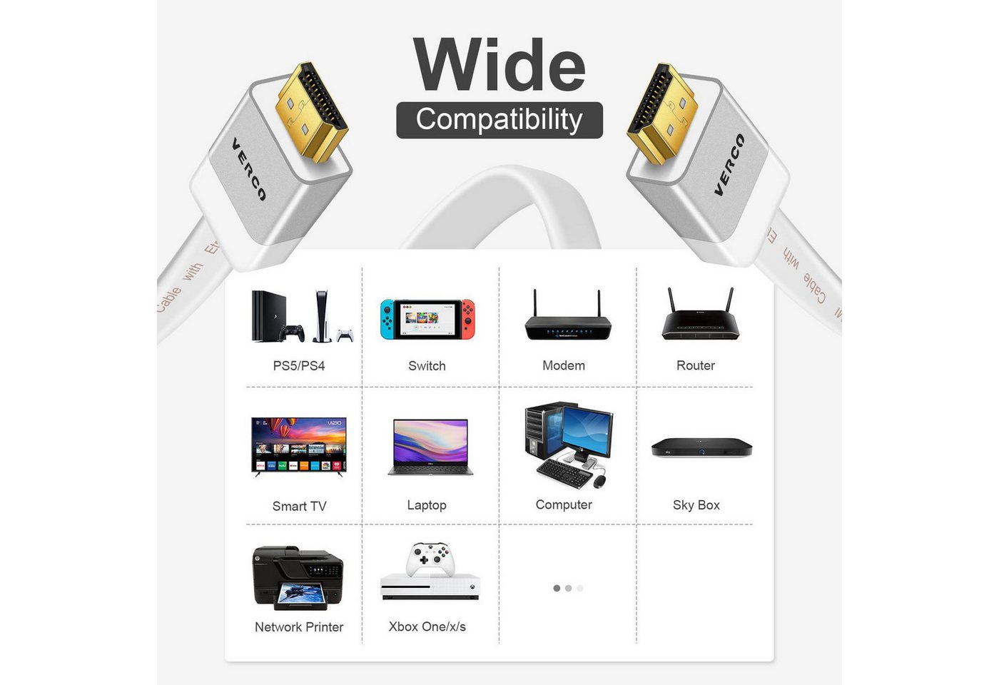 VERCO Full HD 4K UHD flaches 2.0 HDMI-Kabel, HDMI Typ A, (750 cm), ARC 3D Cec High Speed Ethernet Stecker sind vergoldet Bild 2