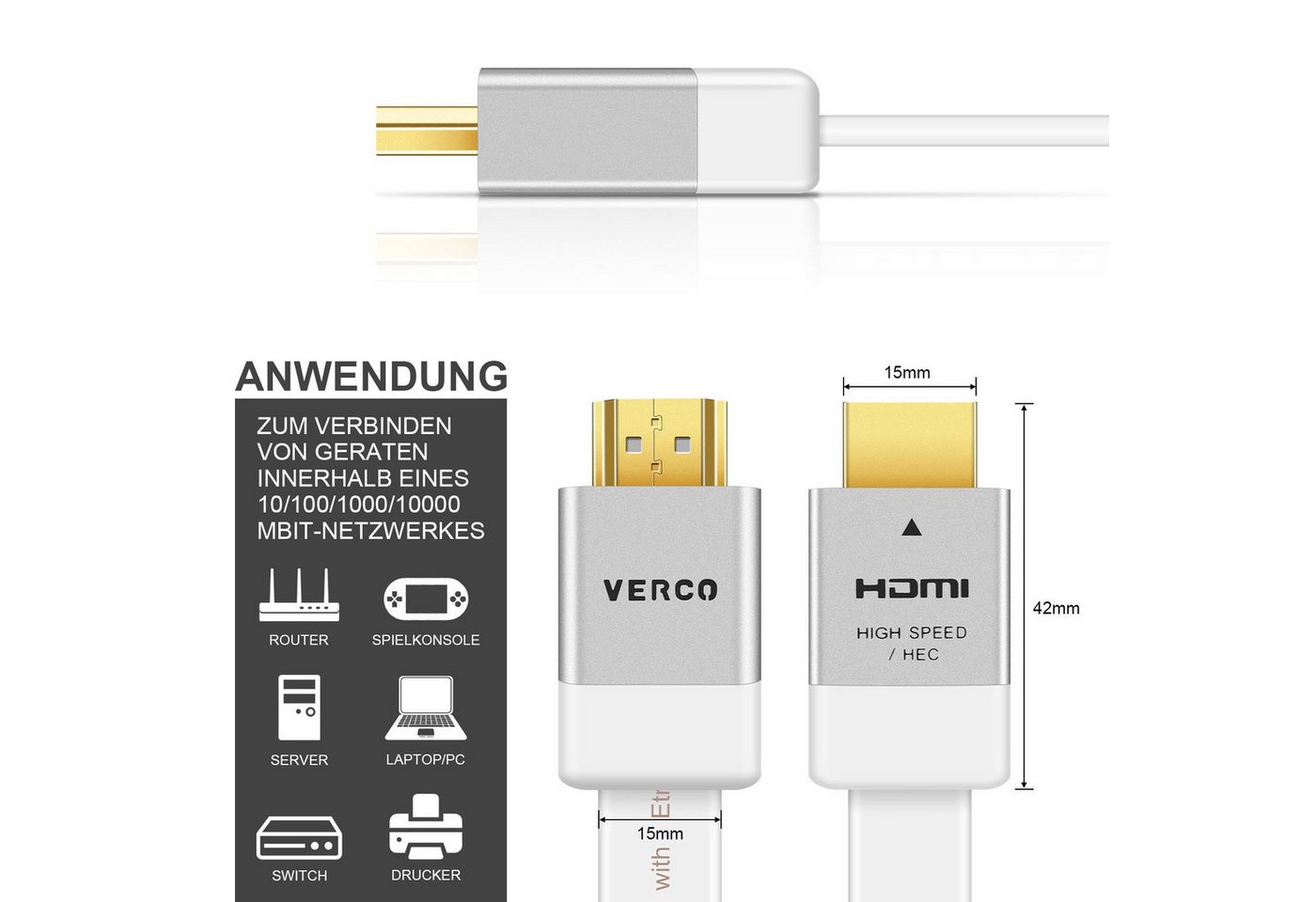 VERCO Full HD 4K UHD flaches 2.0 HDMI-Kabel, HDMI Typ A, (750 cm), ARC 3D Cec High Speed Ethernet Stecker sind vergoldet Bild 3