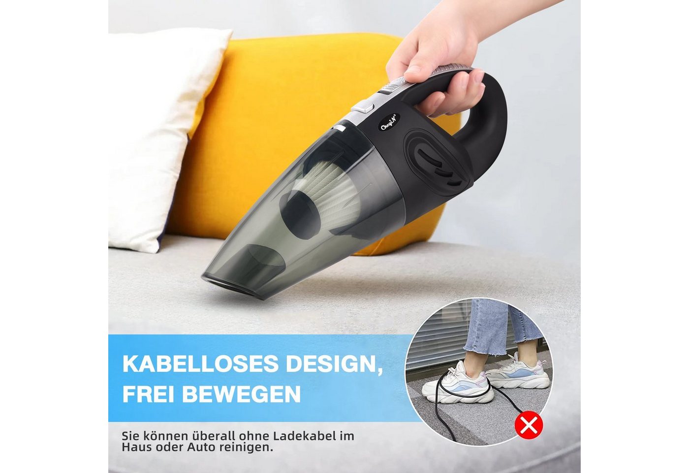 CkeyiN Akku-Handstaubsauger 3200Pa Kabelloser Nass-Trocken-Nutzung Staubsauger mit 5 Düsen, 120,00 W, mit Beutel, 20 Min. Laufzeit, kleiner Handstaubsauger für Auto/ Haus Bild 3
