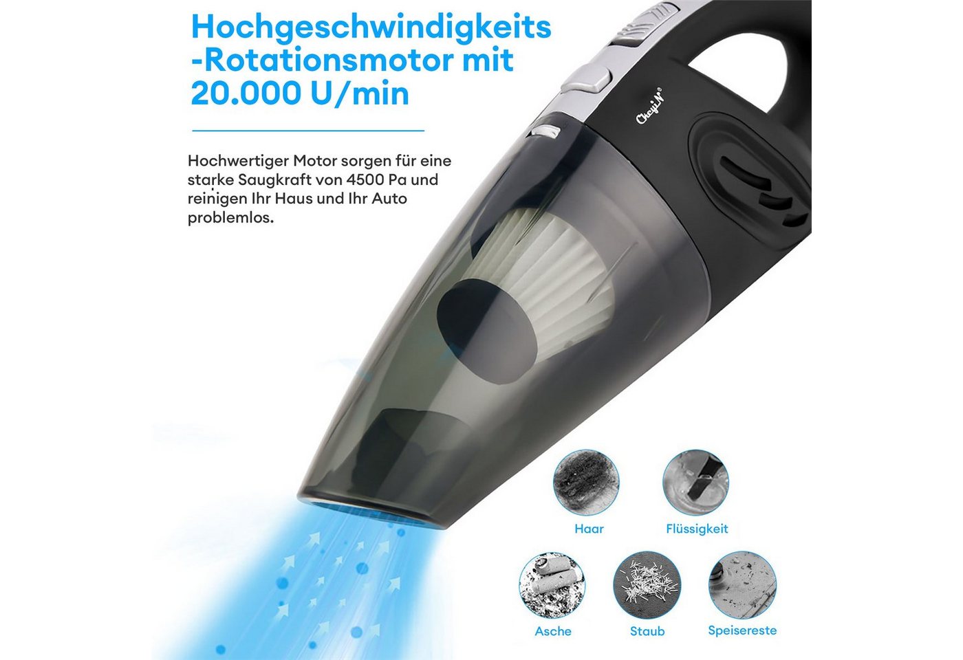 CkeyiN Akku-Handstaubsauger 3200Pa Kabelloser Nass-Trocken-Nutzung Staubsauger mit 5 Düsen, 120,00 W, mit Beutel, 20 Min. Laufzeit, kleiner Handstaubsauger für Auto/ Haus Bild 4