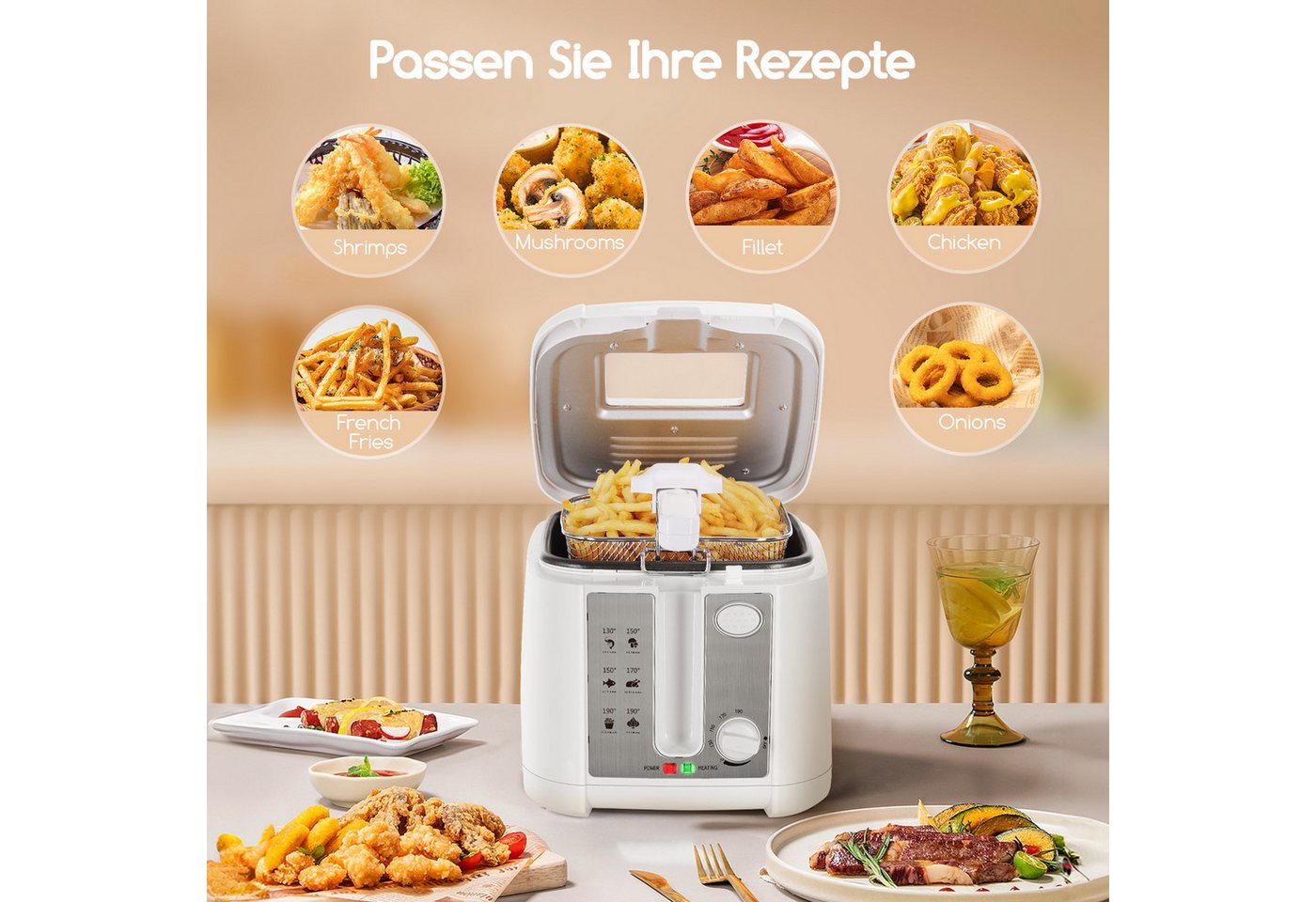 Aigostar Fritteuse Fritteuse mit öl, 1650W, 2.5L mit Sichtfenster, Weiß, 1650 W, Kompakte Ölfritteuse mit Sichtfenster und Antihaftbeschichtung