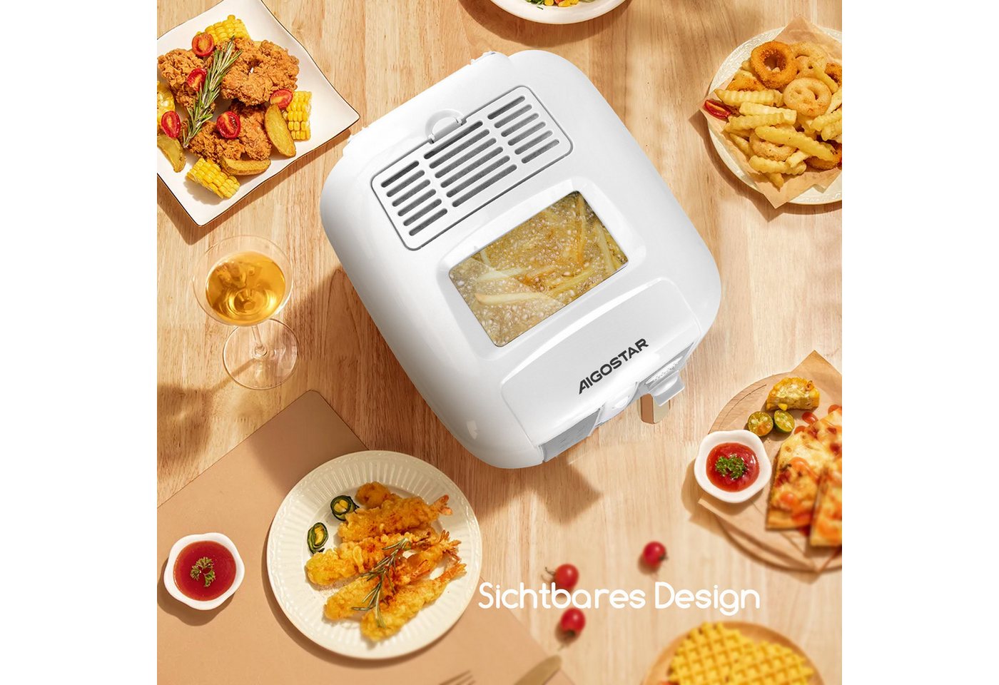 Aigostar Fritteuse Fritteuse mit öl, 1650W, 2.5L mit Sichtfenster, Weiß, 1650 W, Kompakte Ölfritteuse mit Sichtfenster und Antihaftbeschichtung Bild 3