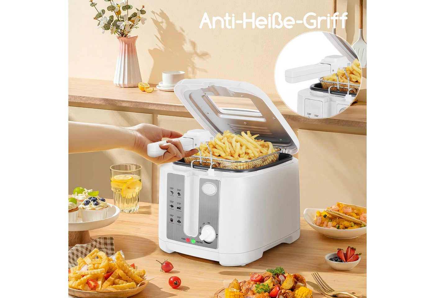 Aigostar Fritteuse Fritteuse mit öl, 1650W, 2.5L mit Sichtfenster, Weiß, 1650 W, Kompakte Ölfritteuse mit Sichtfenster und Antihaftbeschichtung Bild 5