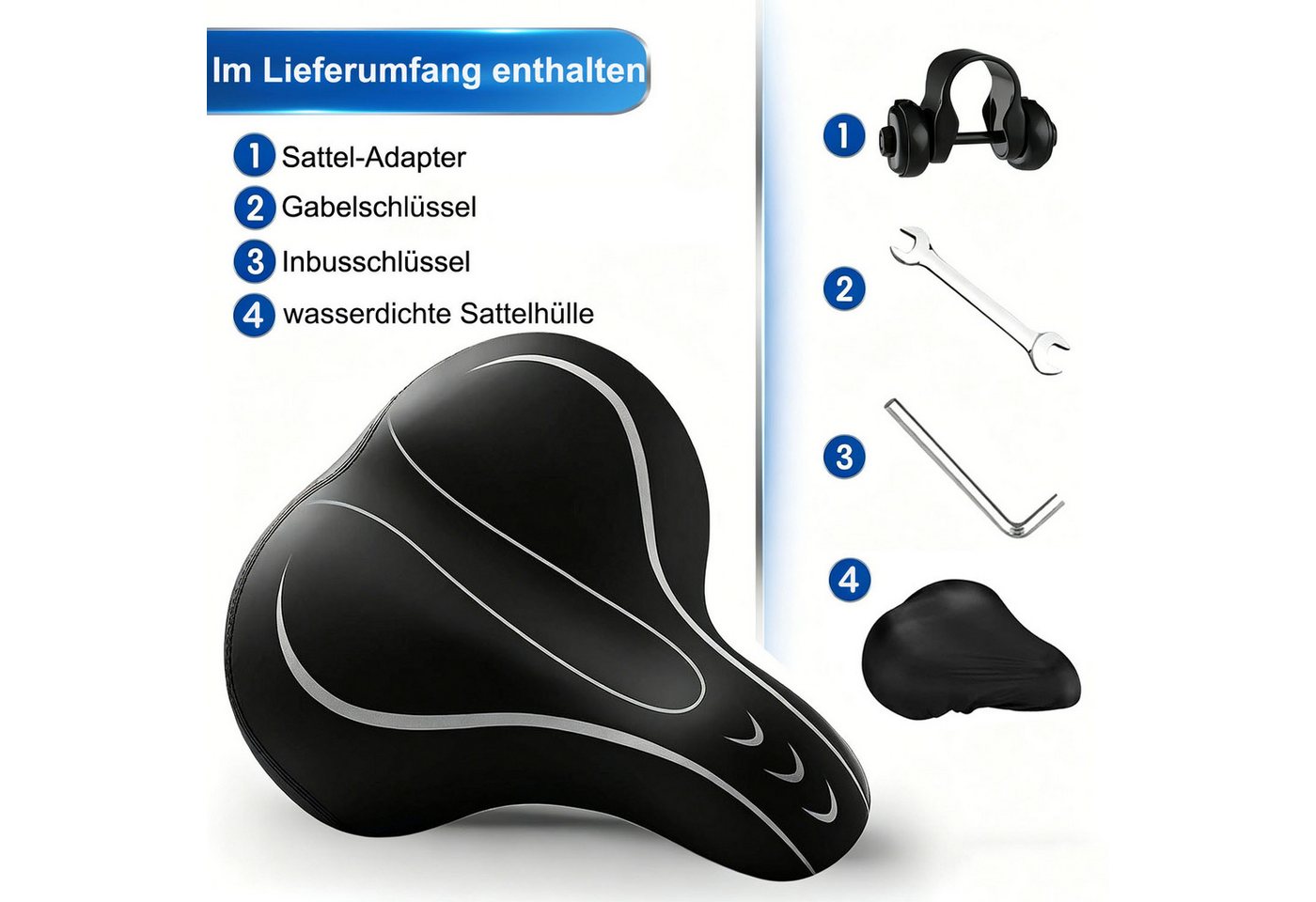 SURFOU Fahrradsattel Fahrrad zubehör Fahrradsattel Herren Damen Sattelschutz Wasserdicht (Universell kompatibler Oversized Fahrradsattel– Extra Breiter & Bequemer Sattel mit Memory Foam, Wasserdicht & Stoßdämpfend für Herren & Damen, mit Montagewerkzeuge, wasserdichte Sattelhülle und Fahrradsatteladapter, 1-tlg., Geeignet für Mountainbikes, Rennräder, Fitnessbikes, E-Bikes usw), Bequemer Memory-Foam, Schweißfestes und stoßdämpfendes Bild 2