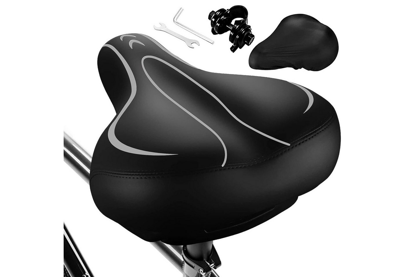 SURFOU Fahrradsattel Fahrrad zubehör Fahrradsattel Herren Damen Sattelschutz Wasserdicht (Universell kompatibler Oversized Fahrradsattel– Extra Breiter & Bequemer Sattel mit Memory Foam, Wasserdicht & Stoßdämpfend für Herren & Damen, mit Montagewerkzeuge, wasserdichte Sattelhülle und Fahrradsatteladapter, 1-tlg., Geeignet für Mountainbikes, Rennräder, Fitnessbikes, E-Bikes usw), Bequemer Memory-Foam, Schweißfestes und stoßdämpfendes Bild 3