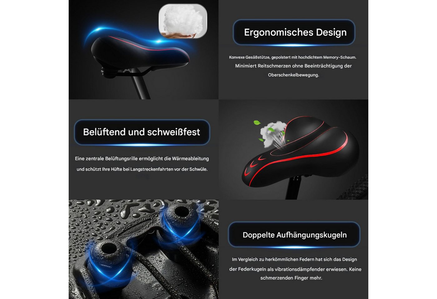 SURFOU Fahrradsattel Fahrrad zubehör Fahrradsattel Herren Damen Sattelschutz Wasserdicht (Universell kompatibler Oversized Fahrradsattel– Extra Breiter & Bequemer Sattel mit Memory Foam, Wasserdicht & Stoßdämpfend für Herren & Damen, mit Montagewerkzeuge, wasserdichte Sattelhülle und Fahrradsatteladapter, 1-tlg., Geeignet für Mountainbikes, Rennräder, Fitnessbikes, E-Bikes usw), Bequemer Memory-Foam, Schweißfestes und stoßdämpfendes Bild 5
