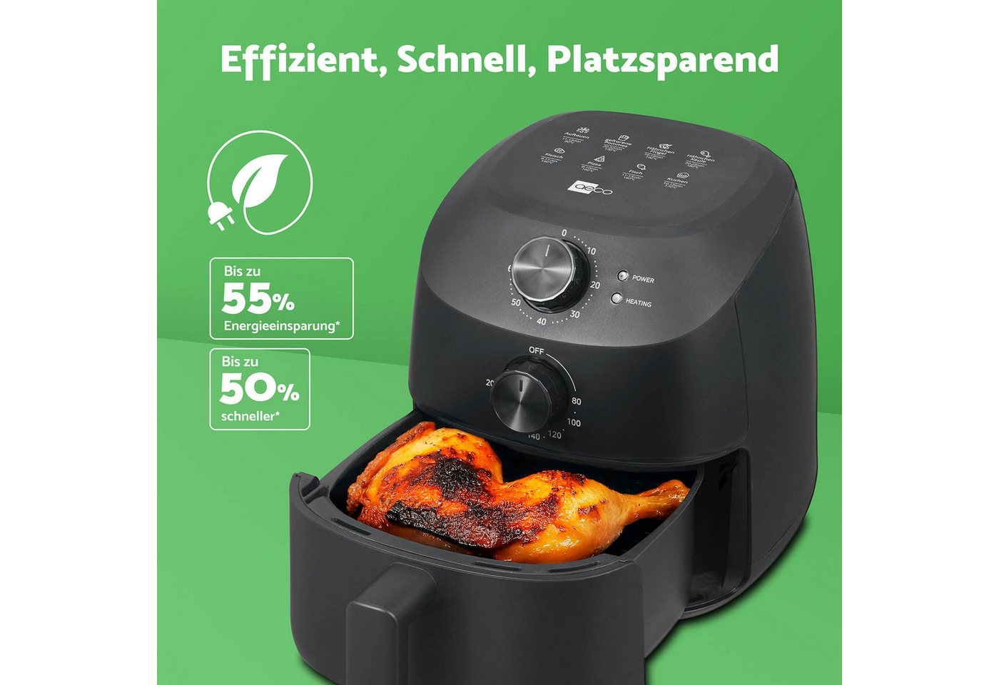 AECO Heißluftfritteuse, kompakt, platzsparend, 1150 W, 2l Fassungsvermögen, BPA-frei, CUBE 2.0 Bild 2