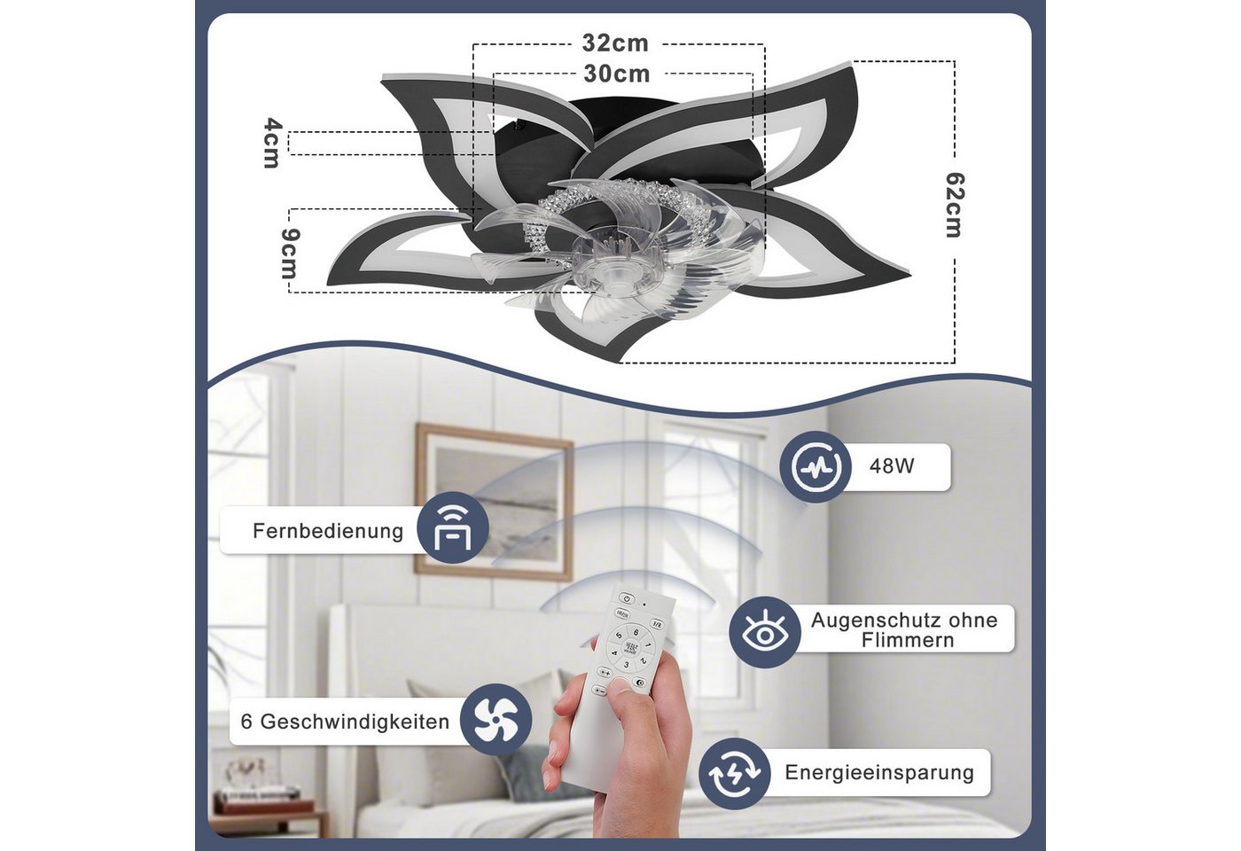 Nettlife Deckenventilator Licht und Fernbedienung Schwarz/Weiß 48/71W 3 Farbtemperatur 6-Gang, Leise Ventilator für Wohnzimmer Esszimmer Schlafzimmer