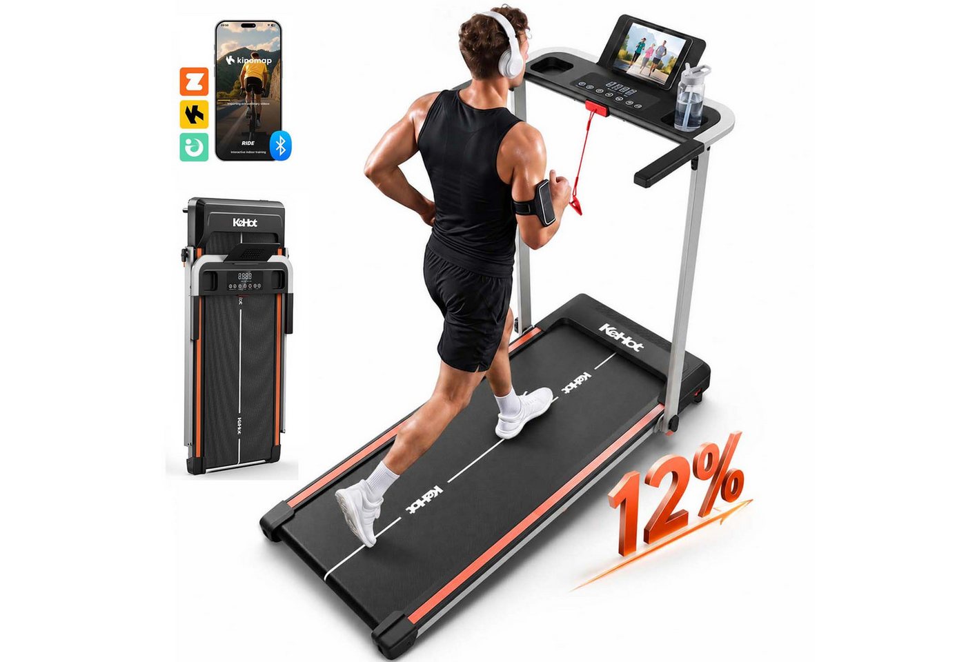 kehot Laufband Leises Laufband für Zuhause mit Steigung (12 % Steigung für intensiveres Cardio- und Ausdauertraining, 1–12 km/h mit 40 × 100 cm Lauffläche für Walking und Jogging), Bluetooth-App, LED-Display und klappbares Design bis 125 kg