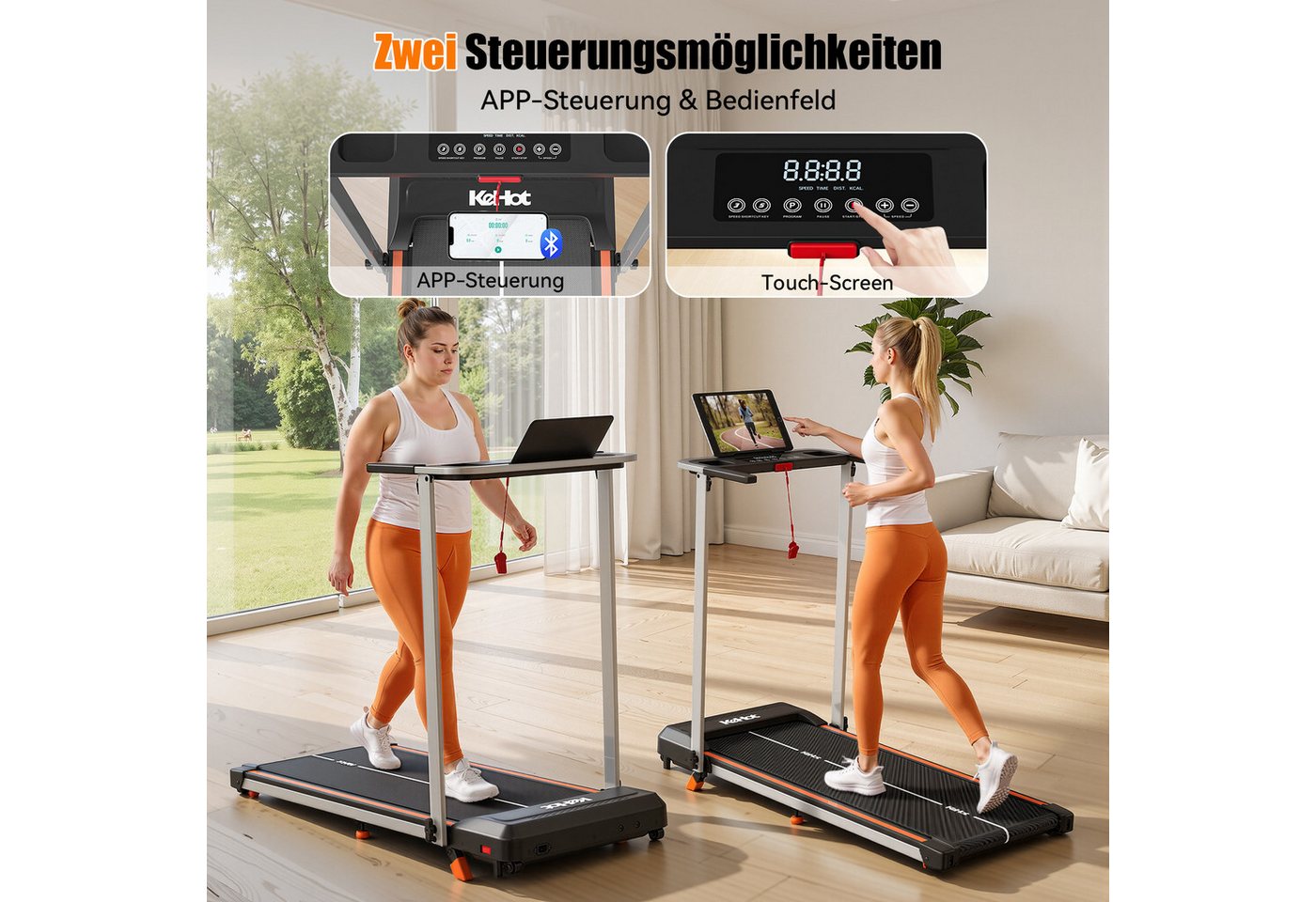kehot Laufband Leises Laufband für Zuhause mit Steigung (12 % Steigung für intensiveres Cardio- und Ausdauertraining, 1–12 km/h mit 40 × 100 cm Lauffläche für Walking und Jogging), Bluetooth-App, LED-Display und klappbares Design bis 125 kg Bild 2