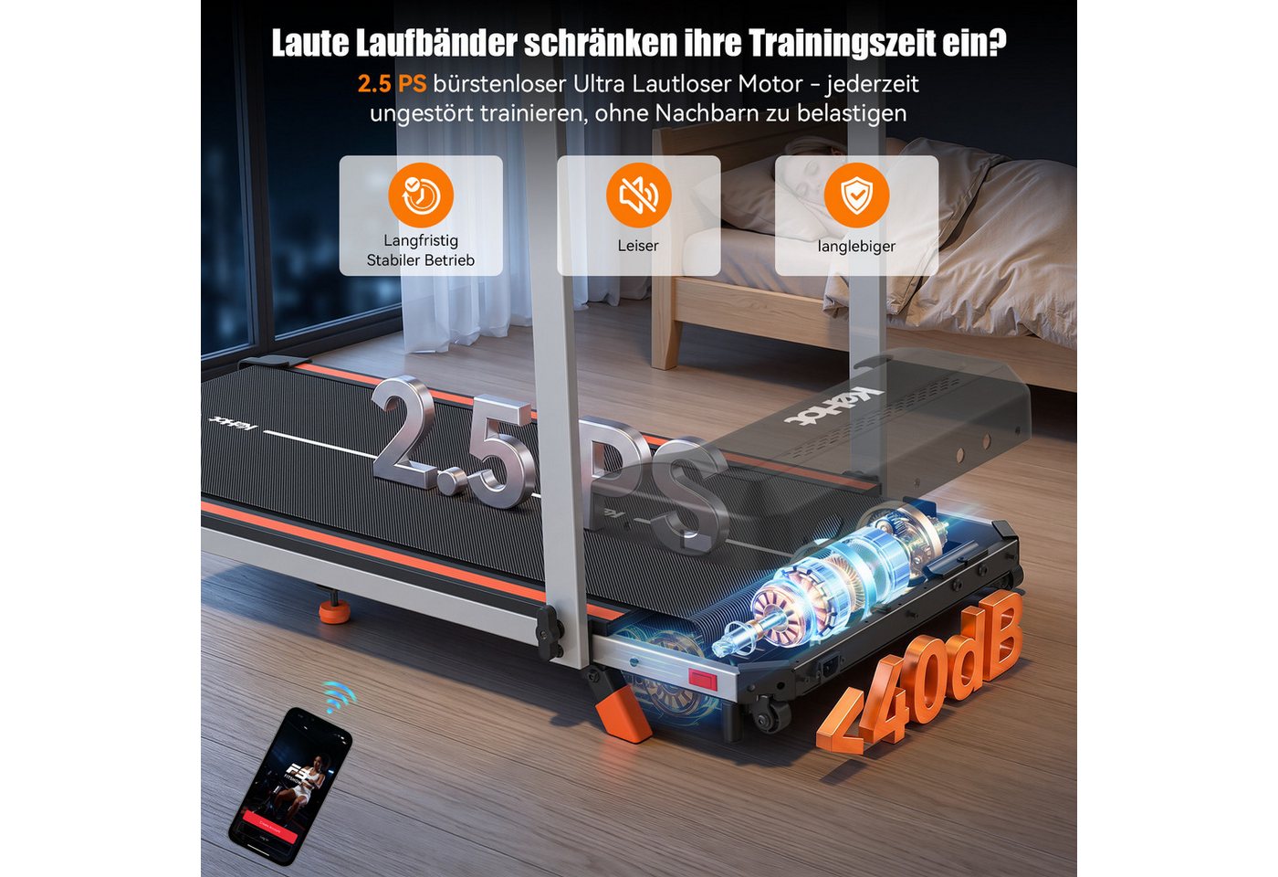kehot Laufband Leises Laufband für Zuhause mit Steigung (12 % Steigung für intensiveres Cardio- und Ausdauertraining, 1–12 km/h mit 40 × 100 cm Lauffläche für Walking und Jogging), Bluetooth-App, LED-Display und klappbares Design bis 125 kg Bild 3