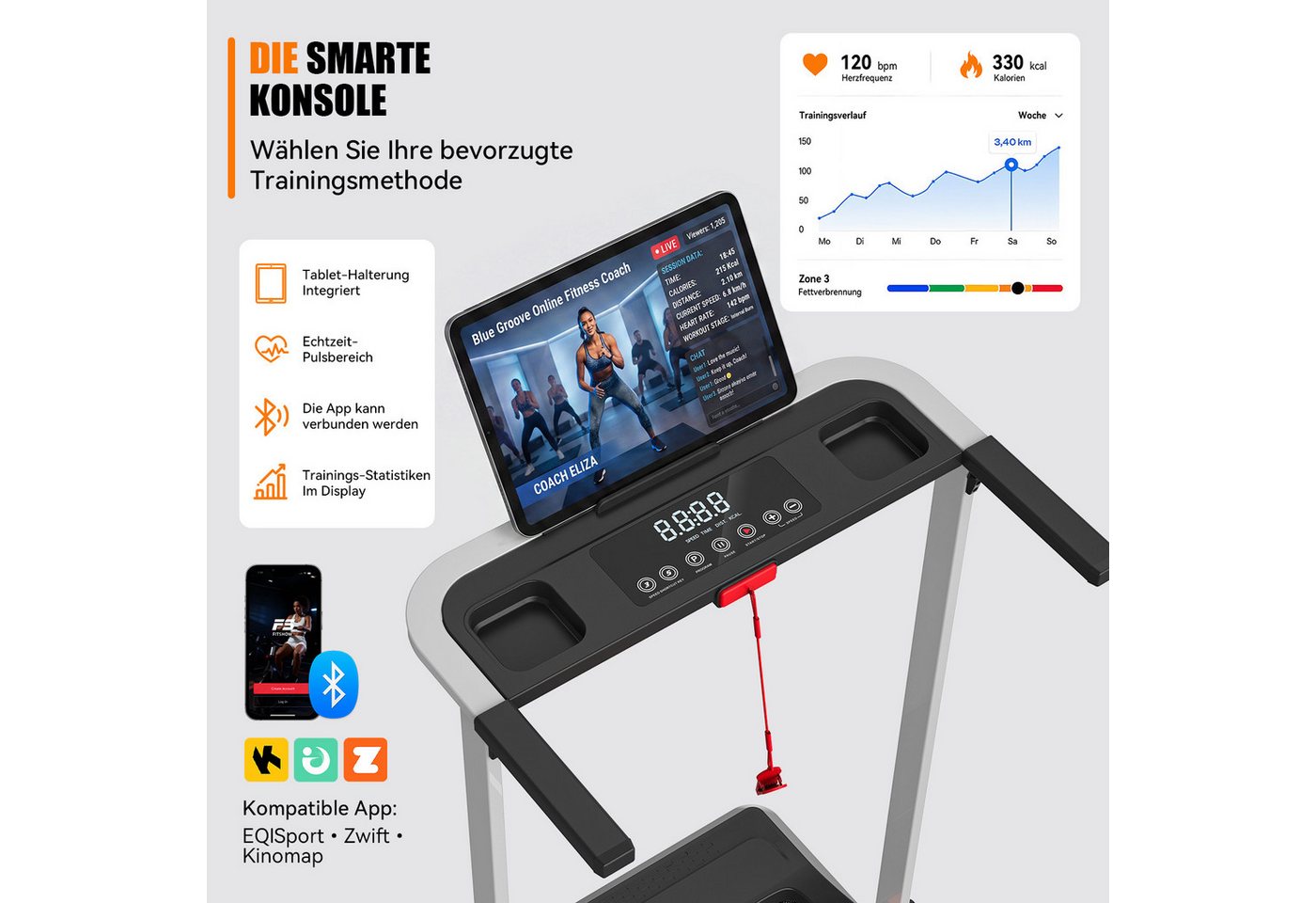 kehot Laufband Leises Laufband für Zuhause mit Steigung (12 % Steigung für intensiveres Cardio- und Ausdauertraining, 1–12 km/h mit 40 × 100 cm Lauffläche für Walking und Jogging), Bluetooth-App, LED-Display und klappbares Design bis 125 kg Bild 4