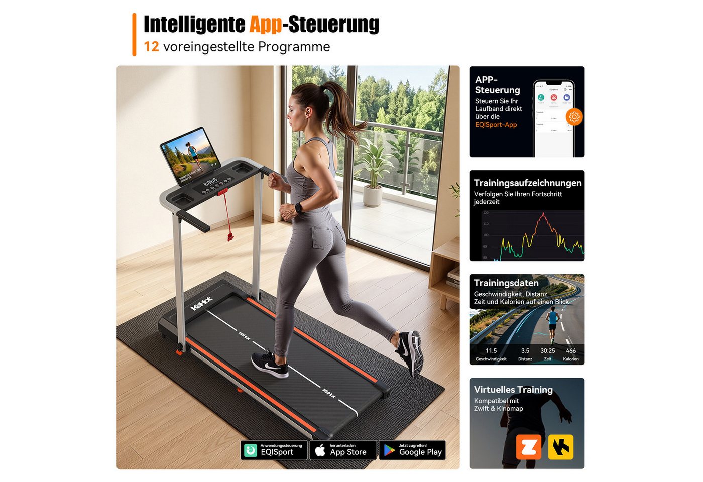 kehot Laufband Leises Laufband für Zuhause mit Steigung (12 % Steigung für intensiveres Cardio- und Ausdauertraining, 1–12 km/h mit 40 × 100 cm Lauffläche für Walking und Jogging), Bluetooth-App, LED-Display und klappbares Design bis 125 kg Bild 5