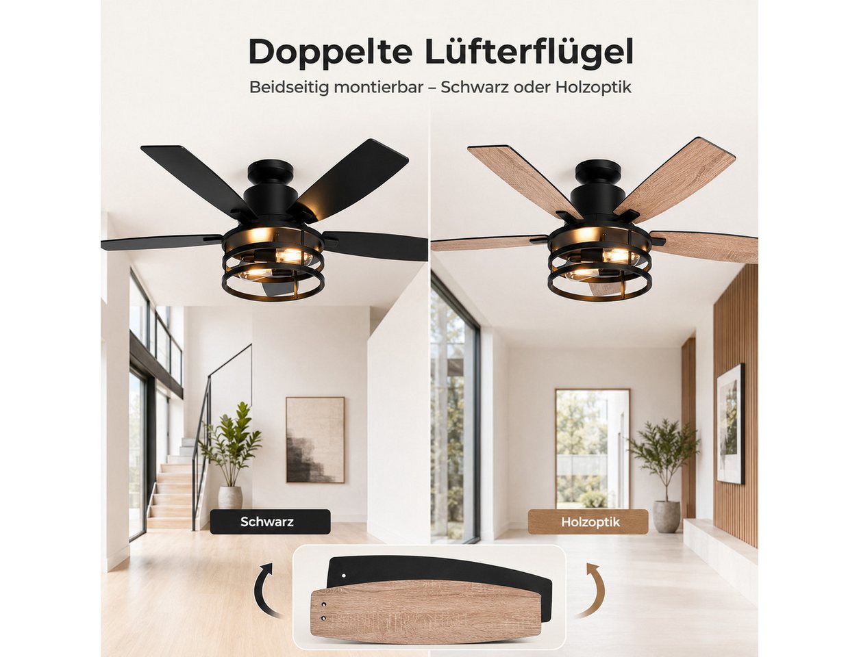 SERBASIC Deckenventilator Leise Deckenventilator mit Beleuchtung und Fernbedienung, Timer, 6 Windgeschwindigkeit, mit 2 Glühbirnen, für Schlafzimmer Wohnzimmer