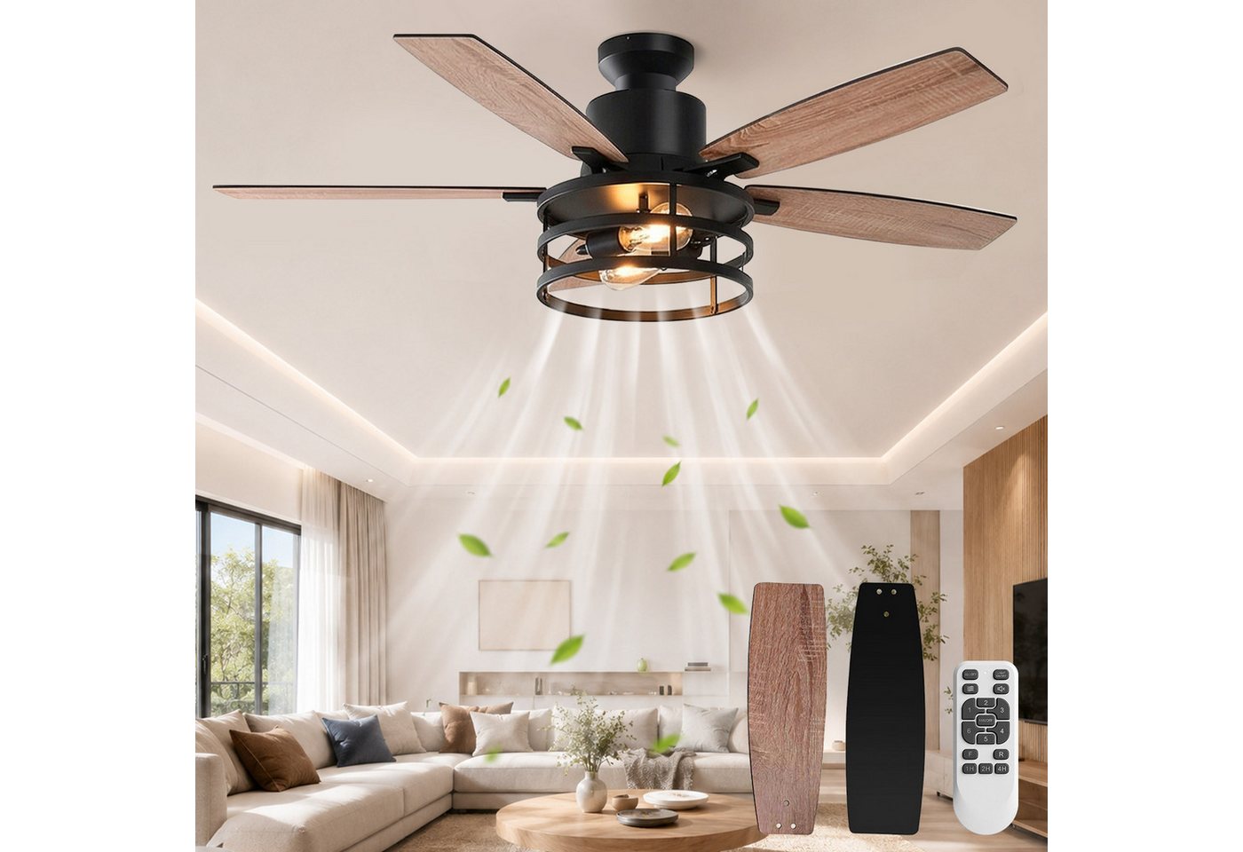 SERBASIC Deckenventilator Leise Deckenventilator mit Beleuchtung und Fernbedienung, Timer, 6 Windgeschwindigkeit, mit 2 Glühbirnen, für Schlafzimmer Wohnzimmer Bild 4
