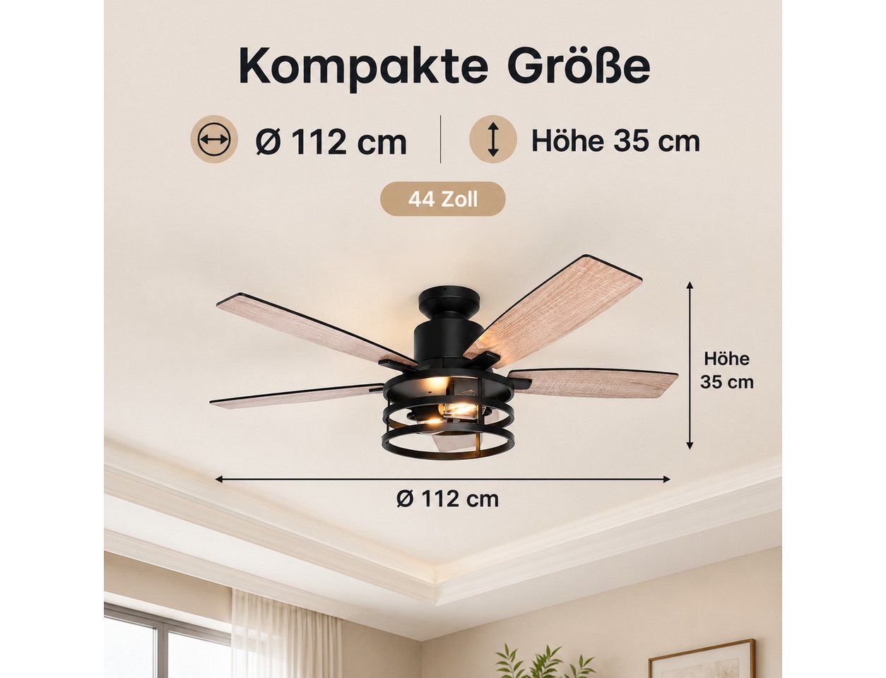 SERBASIC Deckenventilator Leise Deckenventilator mit Beleuchtung und Fernbedienung, Timer, 6 Windgeschwindigkeit, mit 2 Glühbirnen, für Schlafzimmer Wohnzimmer Bild 5