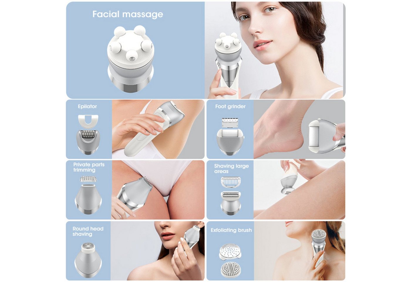 Forrlite Epilierer Epilierer Damen,6-in-1 Epilierer für Damen Kabelloser, Nass und Trocken-Gesichtsepilierer mit Peelingbürste,Reinigungsbürste,Massagekopf IPX7 Wasserdicht,USB Wiederaufladbar und Tragbar Bild 3
