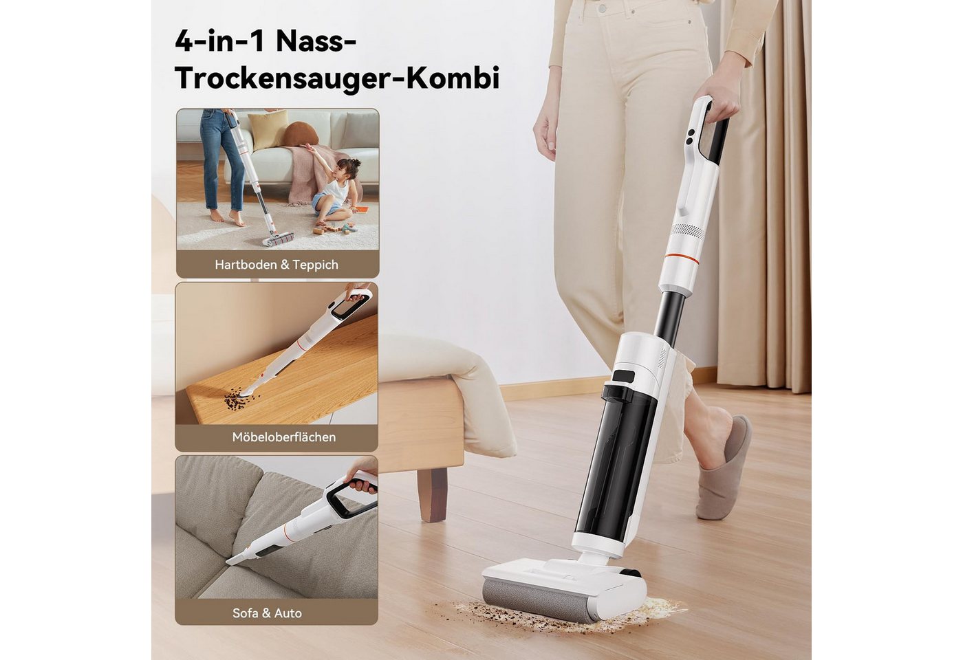 JONR Nass-Trocken-Akkusauger ED20 PRO 4-in-1 Nass Trocken Komplett-Staubsauger, 17000 Pa, Selbstreinigung und automatische Trocknung mit einem klick,Intelligente Spracherinnerung, 180° Flachlegen-Funktion Bild 2