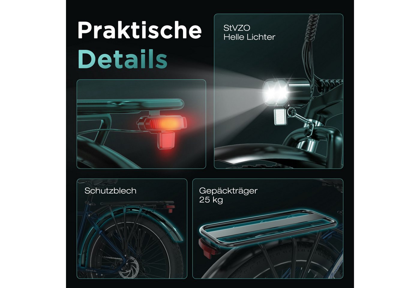 ECORUSH E-Bike Mountainbike 26*4,0 Zoll Elektrofahrrad 48V20Ah bis zu 150km, 7 Gang shimano shimano Schaltwerk, Kettenschaltung, Heckmotor, 960 Wh, Pedelec MTB E Mountainbike für Damen u. Herren