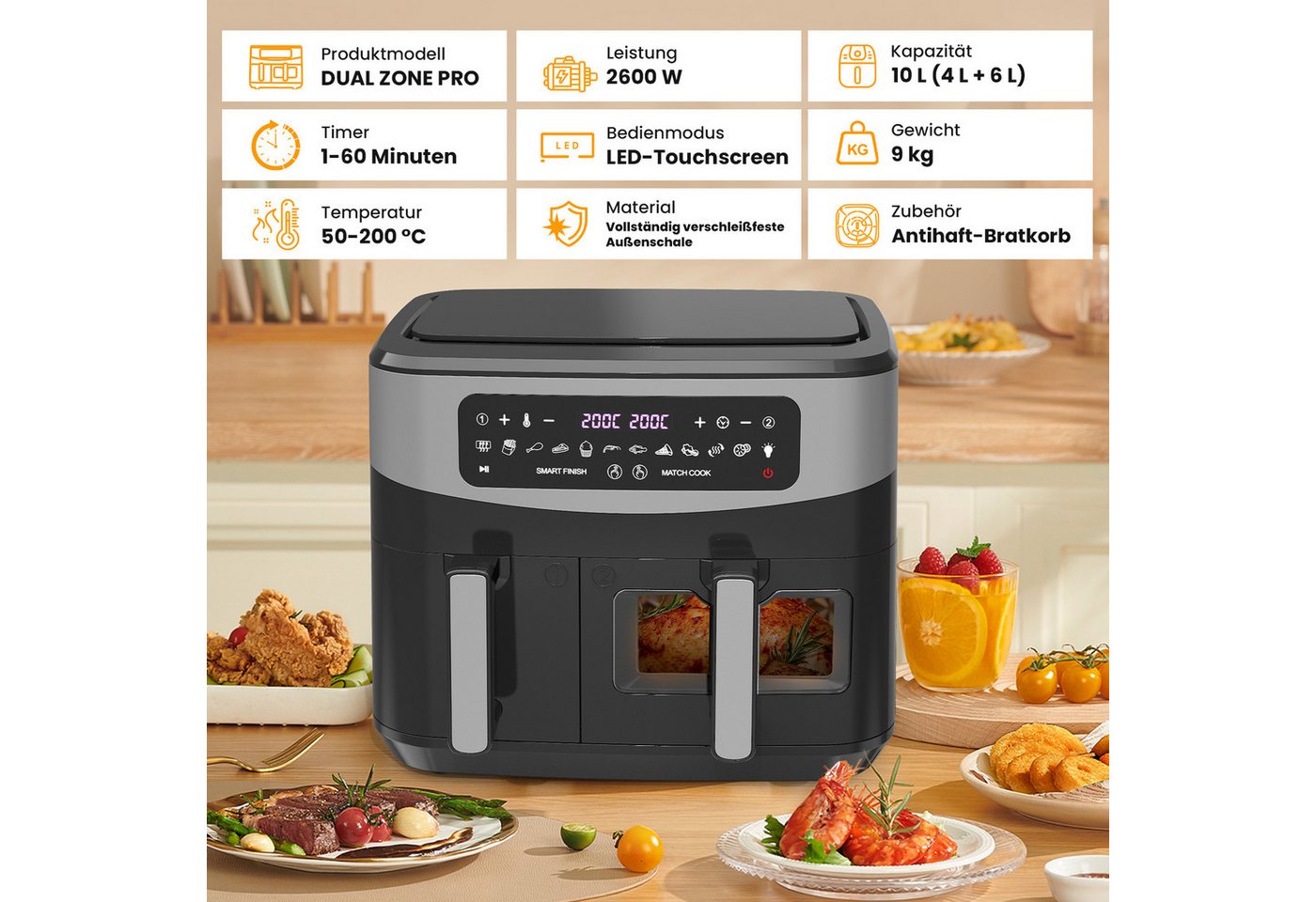 GIDGIMO Heißluftfritteuse 10L XXL Doppelkammer Heißluftfritteuse mit 230°C, 12-in-1 Programmen & Touchscreen – Smart&Match Funktion für gesundes, fettarmes Kochen ohne Öl, 2800 W, Fassungsvermögen: ‎10 Liter