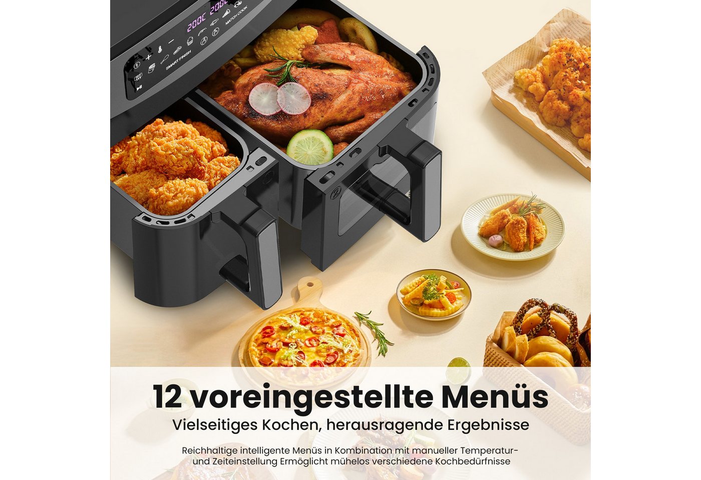 GIDGIMO Heißluftfritteuse 10L XXL Doppelkammer Heißluftfritteuse mit 230°C, 12-in-1 Programmen & Touchscreen – Smart&Match Funktion für gesundes, fettarmes Kochen ohne Öl, 2800 W, Fassungsvermögen: ‎10 Liter Bild 2