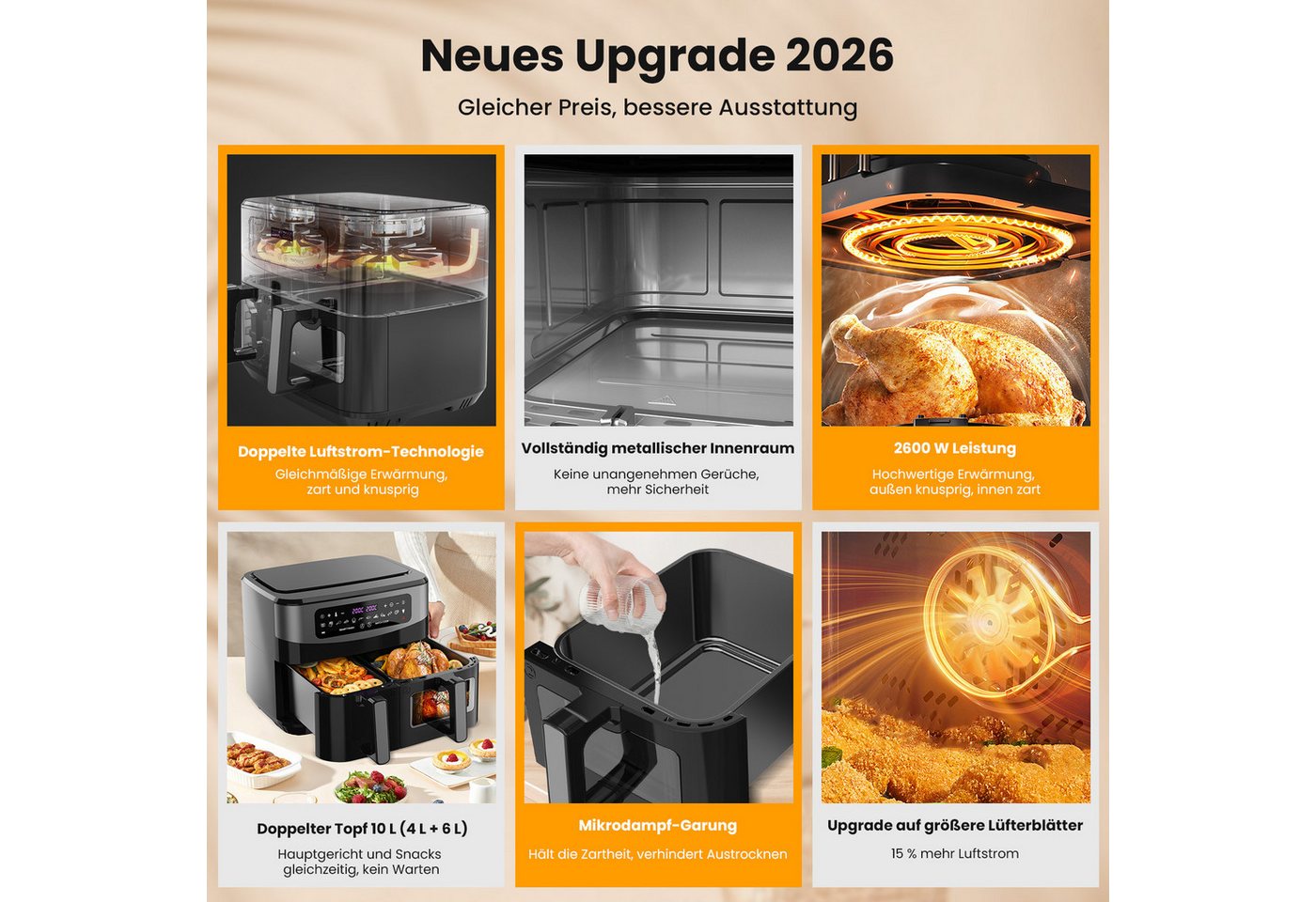 GIDGIMO Heißluftfritteuse 10L XXL Doppelkammer Heißluftfritteuse mit 230°C, 12-in-1 Programmen & Touchscreen – Smart&Match Funktion für gesundes, fettarmes Kochen ohne Öl, 2800 W, Fassungsvermögen: ‎10 Liter Bild 3