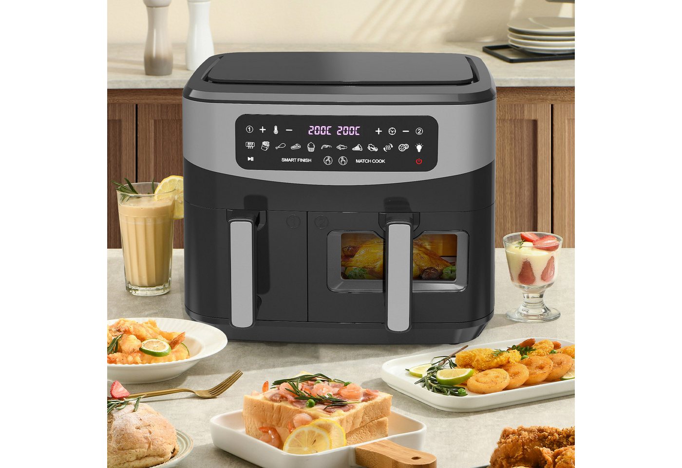 GIDGIMO Heißluftfritteuse 10L XXL Doppelkammer Heißluftfritteuse mit 230°C, 12-in-1 Programmen & Touchscreen – Smart&Match Funktion für gesundes, fettarmes Kochen ohne Öl, 2800 W, Fassungsvermögen: ‎10 Liter Bild 4