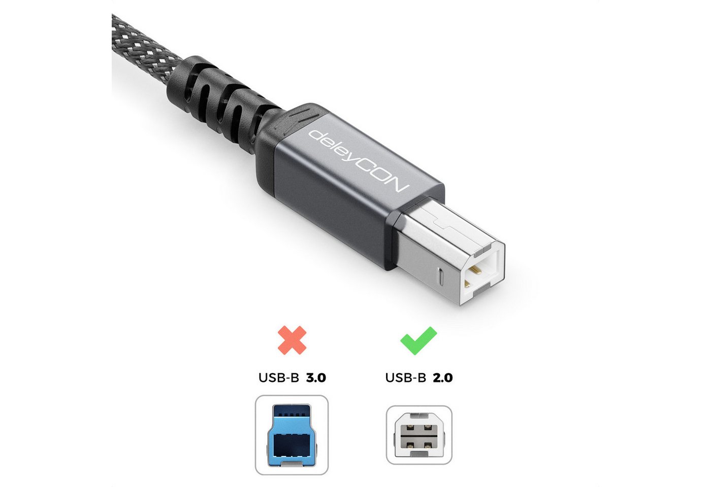 deleyCON 1m USB 2.0 Druckerkabel Scannerkabel Nylon Datenkabel USB-A zu USB-B USB-Kabel Bild 2