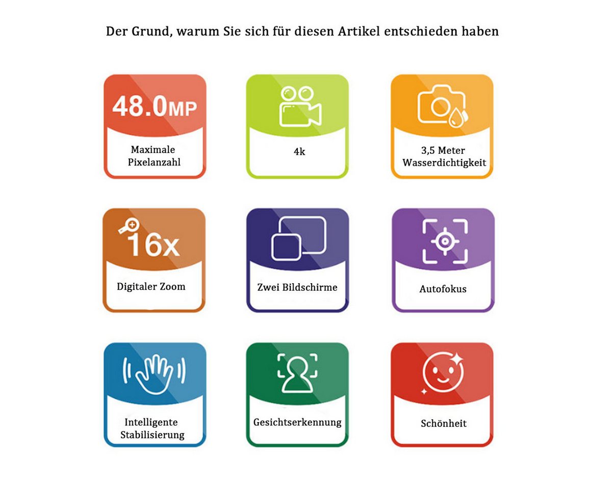 KINSI Sportkamera, Wasserdichte Digitalkamera, Dual-Display, Full HD Outdoor-Kamera (48 MP, 16-facher Digitalzoom mit Autofokus,für Outdooraktivitäten und Tauchen)