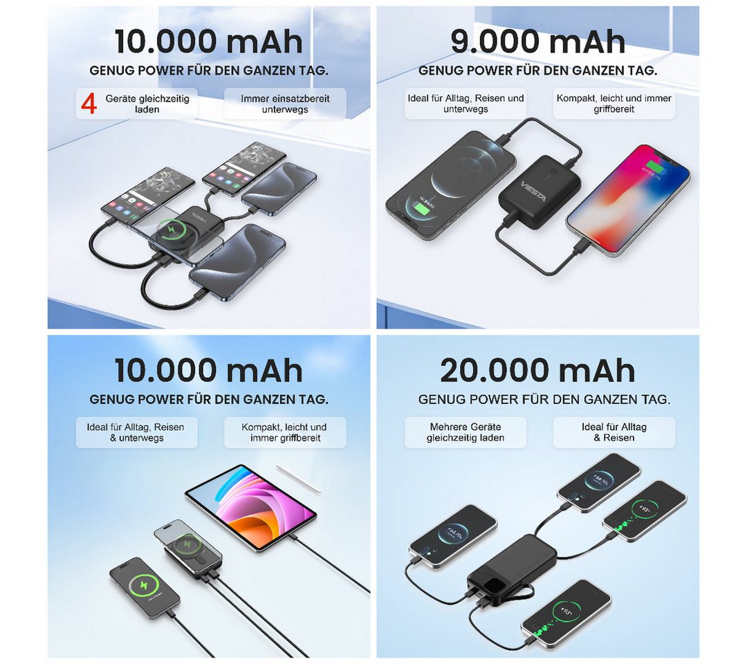VIESTA PD20W QC22,5W USB-C Wireless Magnet 9000/10.000/20.000 mAh je Variante Powerbank, Praktische Mini/Classic/All-in-One/Max für flexibles Laden unterwegs Bild 3