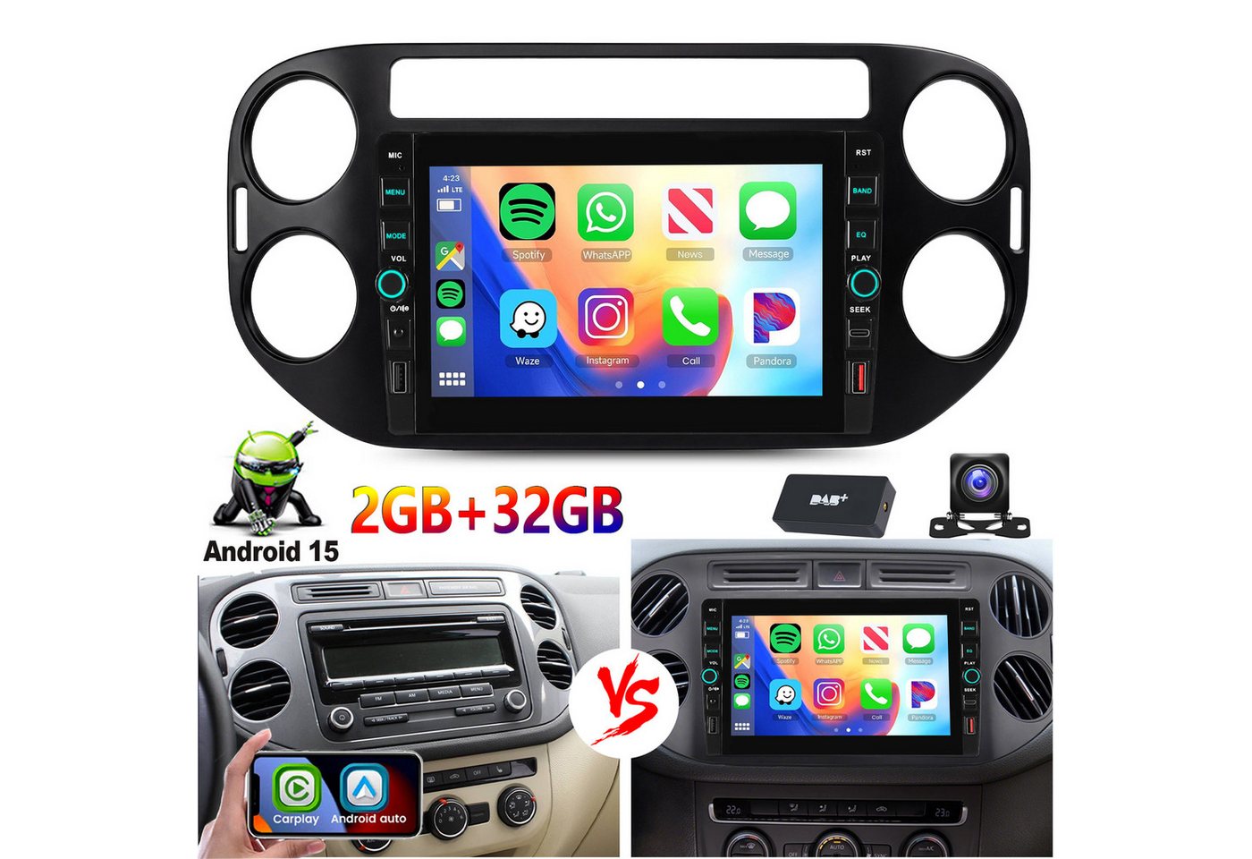 ESSGOO 8'' Android 15 Autoradio Carplay WiFi Navi für VW Tiguan 5N Golf Plus Autoradio (RDS, 4+64GB(optional), DAB (optional), FM, DAB+ (optional)