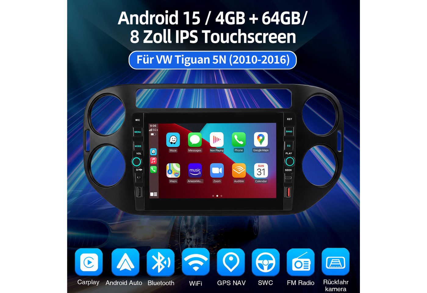 ESSGOO 8'' Android 15 Autoradio Carplay WiFi Navi für VW Tiguan 5N Golf Plus Autoradio (RDS, 4+64GB(optional), DAB (optional), FM, DAB+ (optional) Bild 3