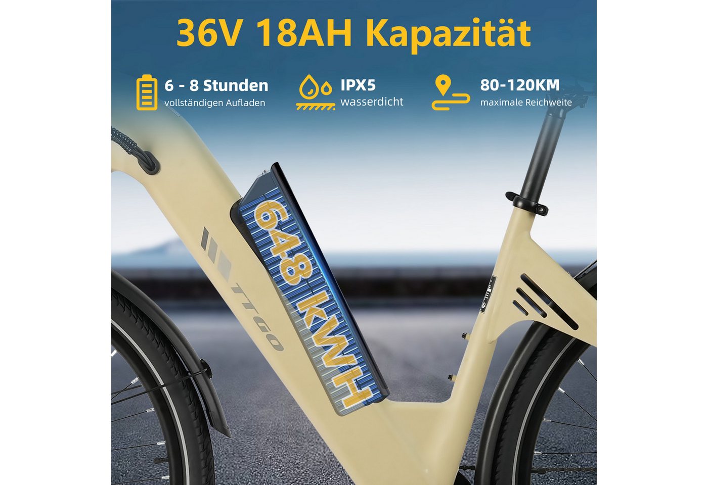 TTGO E-Bike Cityrad 28 Zoll, 120km, Elektrofahrrad für Damen und Herren, Tiefeinsteiger, 7 Gang SHIMANO, Kettenschaltung, Heckmotor, 650 Wh, (für ca. 160–195 cm), 5 Stufen, Leicht nur 26kg, Pedelec bis zu 125kg, Aluminiumrahmen
