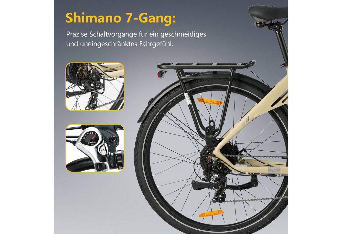 TTGO E-Bike Cityrad 28 Zoll, 120km, Elektrofahrrad für Damen und Herren, Tiefeinsteiger, 7 Gang SHIMANO, Kettenschaltung, Heckmotor, 650 Wh, (für ca. 160–195 cm), 5 Stufen, Leicht nur 26kg, Pedelec bis zu 125kg, Aluminiumrahmen Bild 4