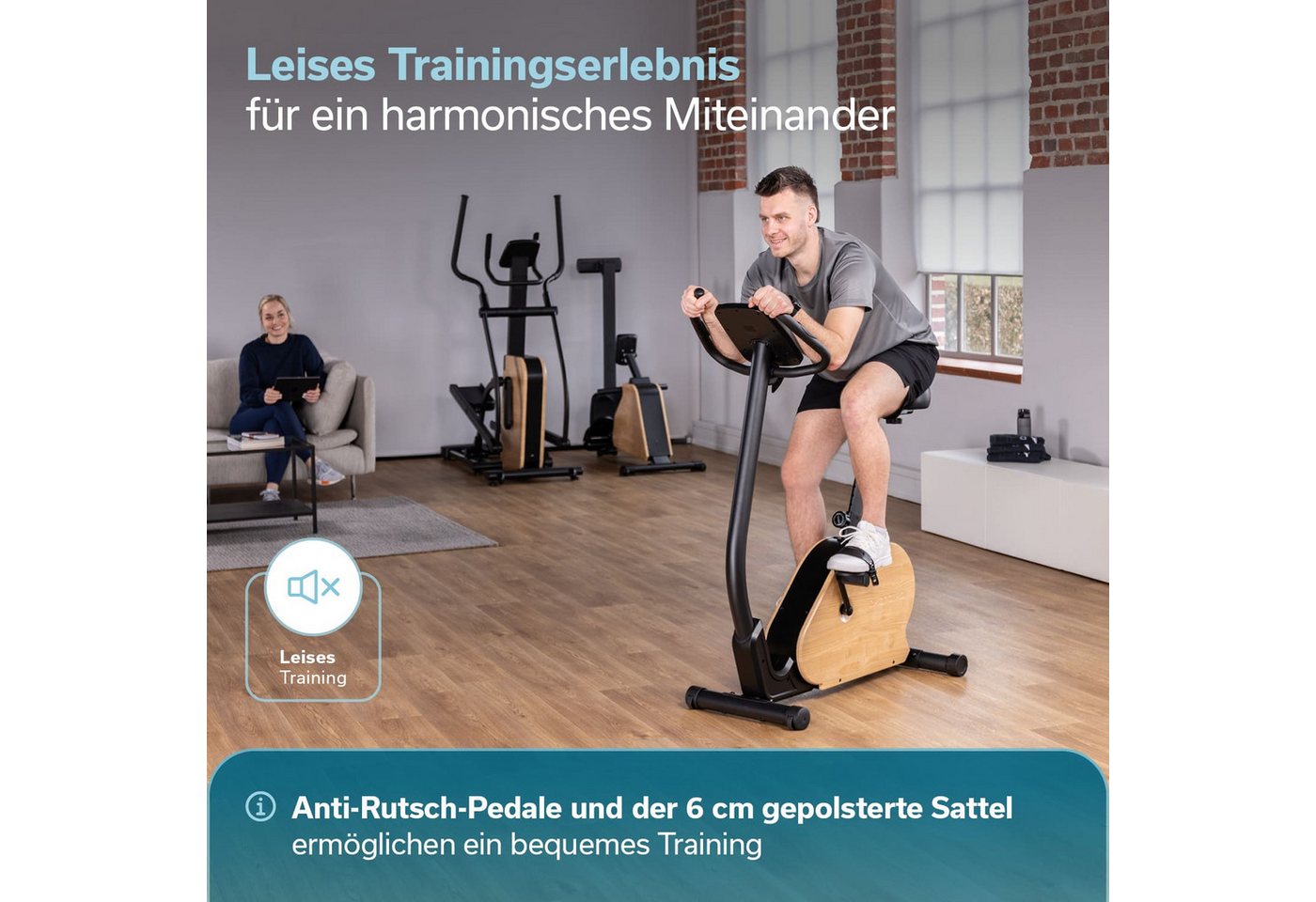 Skandika Ergometer Treliv P8, Heimtrainer aus Eisen mit Holz, LED Display, 22 Programme (Transportrollen, Tablet-Halterung, Kinomap App kompatibel, bis 120 kg), Magnetbremse 32 Stufen, Sattel & Lenker verstellbar, Bluetooth
