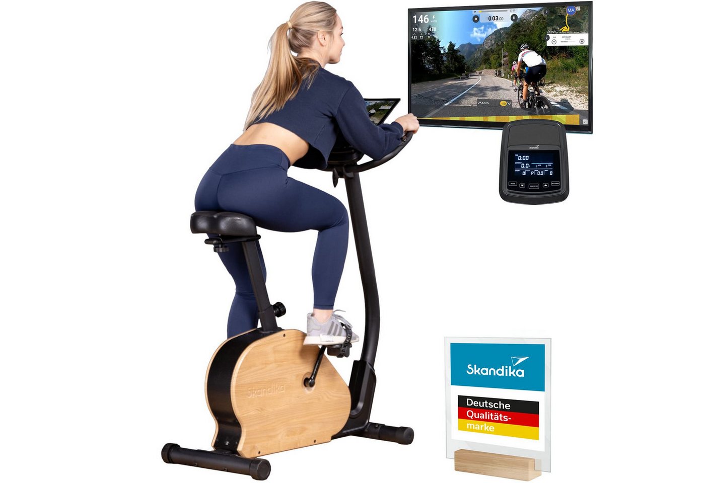 Skandika Ergometer Treliv P8, Heimtrainer aus Eisen mit Holz, LED Display, 22 Programme (Transportrollen, Tablet-Halterung, Kinomap App kompatibel, bis 120 kg), Magnetbremse 32 Stufen, Sattel & Lenker verstellbar, Bluetooth Bild 2