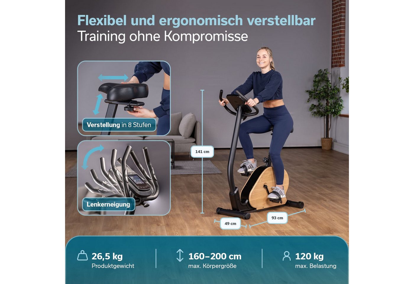 Skandika Ergometer Treliv P8, Heimtrainer aus Eisen mit Holz, LED Display, 22 Programme (Transportrollen, Tablet-Halterung, Kinomap App kompatibel, bis 120 kg), Magnetbremse 32 Stufen, Sattel & Lenker verstellbar, Bluetooth Bild 4