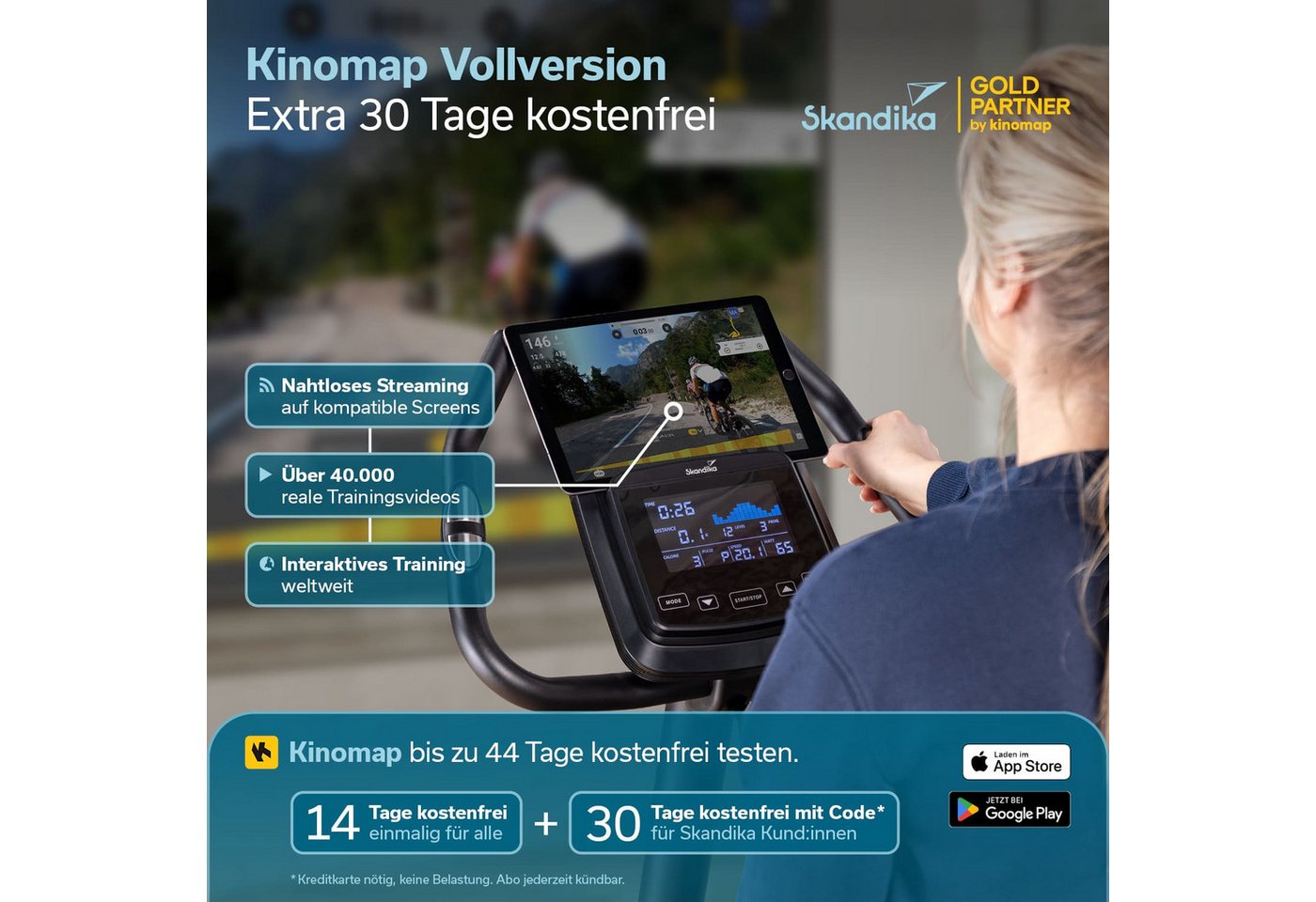 Skandika Ergometer Treliv P8, Heimtrainer aus Eisen mit Holz, LED Display, 22 Programme (Transportrollen, Tablet-Halterung, Kinomap App kompatibel, bis 120 kg), Magnetbremse 32 Stufen, Sattel & Lenker verstellbar, Bluetooth Bild 5