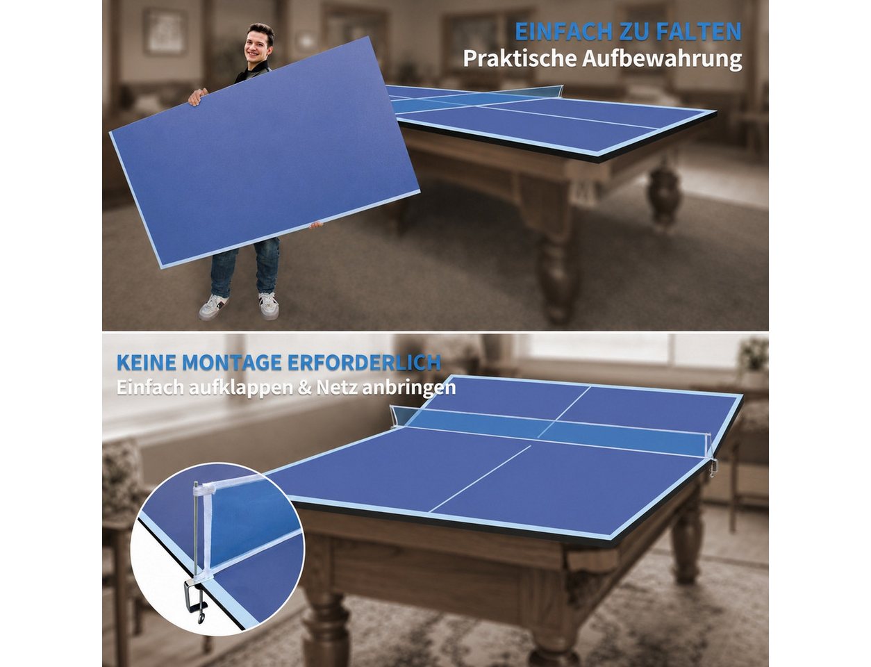 LVHOM Tischtennisplatte 244 x 122cm, Gro ß/Blau: Klappbar & Wetterfest für Indoor/Outdoor (ohne Gestell, faltbar, für Training allein, Familien-Spaß und platzsparende Aufbewahrung., Material: MDF, (L x B x H): 244 x 122 x 1,2 cm, Gewicht: 25 kg), Einfach auf jedem geeigneten, ebenen Fläche zu nutzen Bild 5