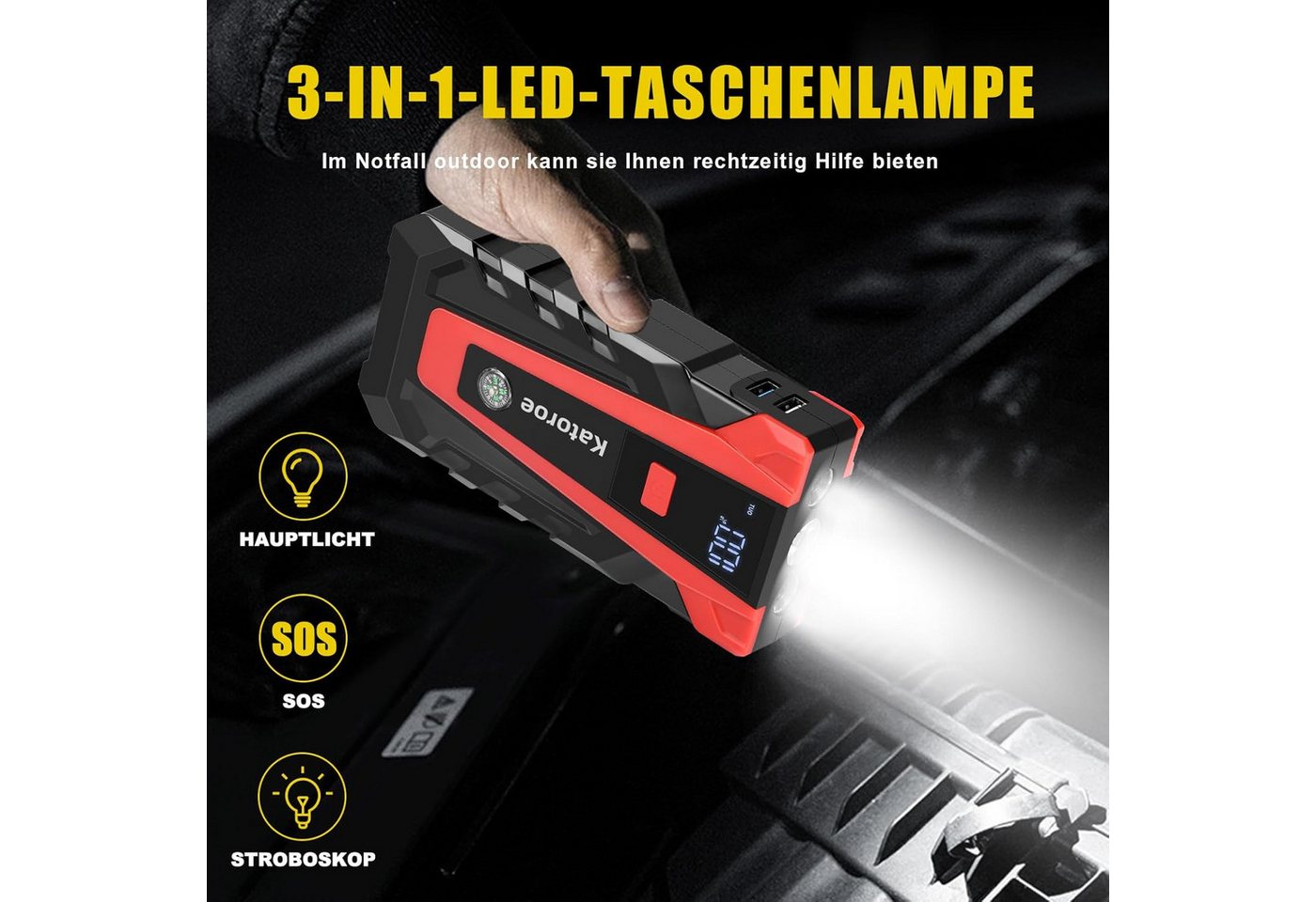 Vivitar 6000A Starthilfe Powerbank Auto Batterie Booster 12V, Tragbares Starthilfegerät mit intelligenten Starthilfekabeln, zwei USB-Ladeanschlüssen, 400-Lumen-LED-Lampe SOS-Modus, LED-Anzeige, USB-C-Kabel und Aufbewahrungstasche für PKWs, SUVs, Motorräder, LKWs, Camping und Notfälle, Starter Powerbank für bis zu 10,0L Benzin & 8,0L Diesel