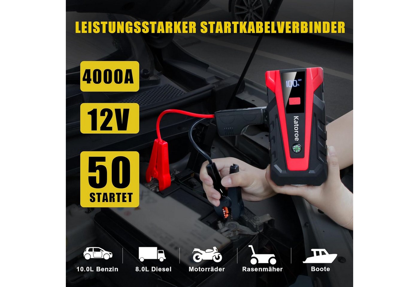 Vivitar 6000A Starthilfe Powerbank Auto Batterie Booster 12V, Tragbares Starthilfegerät mit intelligenten Starthilfekabeln, zwei USB-Ladeanschlüssen, 400-Lumen-LED-Lampe SOS-Modus, LED-Anzeige, USB-C-Kabel und Aufbewahrungstasche für PKWs, SUVs, Motorräder, LKWs, Camping und Notfälle, Starter Powerbank für bis zu 10,0L Benzin & 8,0L Diesel Bild 2