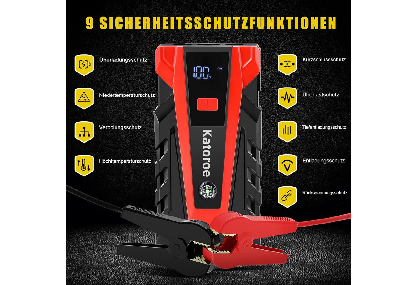 Vivitar 6000A Starthilfe Powerbank Auto Batterie Booster 12V, Tragbares Starthilfegerät mit intelligenten Starthilfekabeln, zwei USB-Ladeanschlüssen, 400-Lumen-LED-Lampe SOS-Modus, LED-Anzeige, USB-C-Kabel und Aufbewahrungstasche für PKWs, SUVs, Motorräder, LKWs, Camping und Notfälle, Starter Powerbank für bis zu 10,0L Benzin & 8,0L Diesel Bild 3