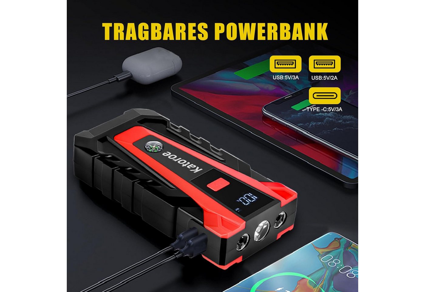 Vivitar 6000A Starthilfe Powerbank Auto Batterie Booster 12V, Tragbares Starthilfegerät mit intelligenten Starthilfekabeln, zwei USB-Ladeanschlüssen, 400-Lumen-LED-Lampe SOS-Modus, LED-Anzeige, USB-C-Kabel und Aufbewahrungstasche für PKWs, SUVs, Motorräder, LKWs, Camping und Notfälle, Starter Powerbank für bis zu 10,0L Benzin & 8,0L Diesel Bild 4