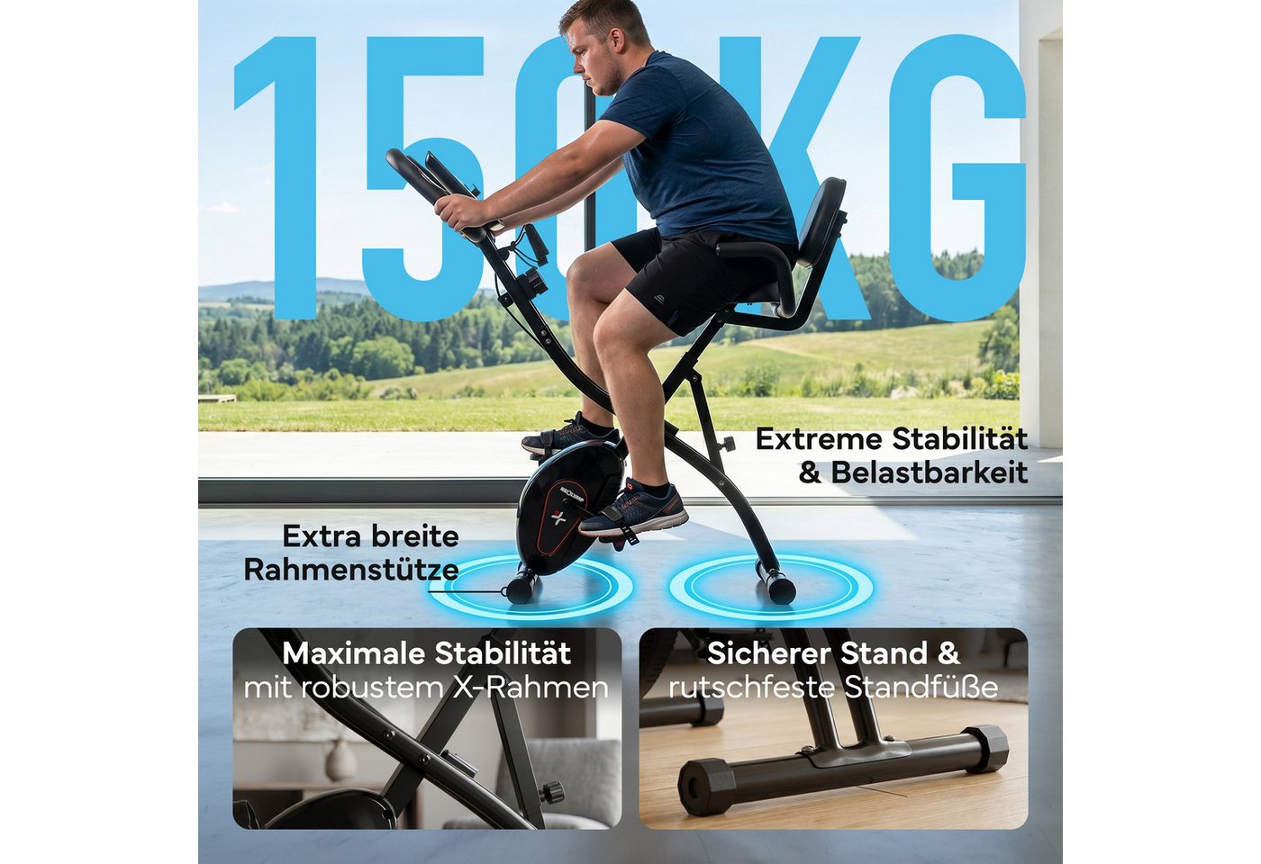 NEOLYMP Heimtrainer Fahrrad Klappbar - leises Cardio-Training bis 135 kg Indoor Bike (Trimmrad Fitnessbikes Senioren extra stabild & wackelfrei), Hometrainer Fahrrad - 8 Stufen, Pulsmesser, Tablet-Halter Bild 3