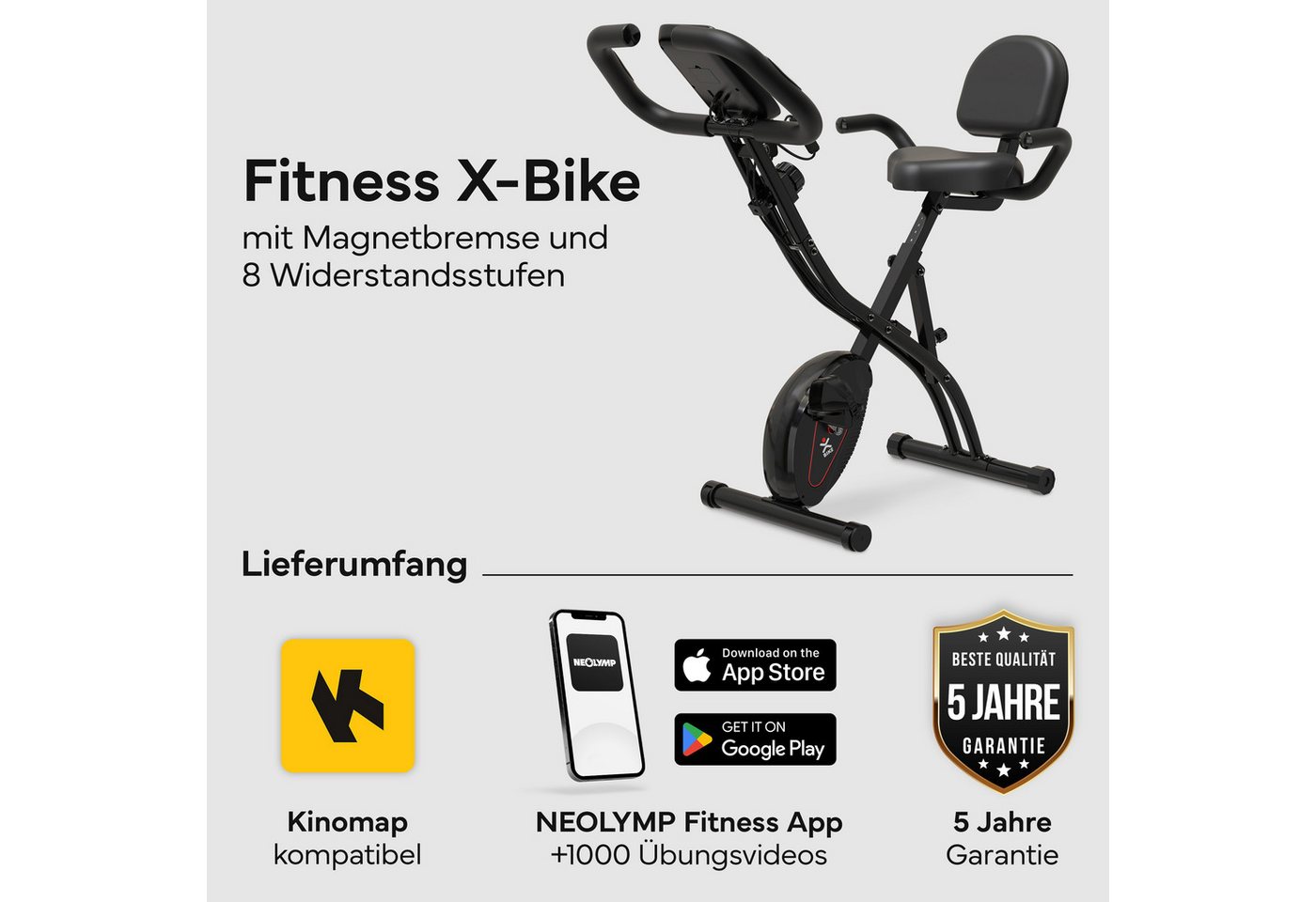 NEOLYMP Heimtrainer Fahrrad Klappbar - leises Cardio-Training bis 135 kg Indoor Bike (Trimmrad Fitnessbikes Senioren extra stabild & wackelfrei), Hometrainer Fahrrad - 8 Stufen, Pulsmesser, Tablet-Halter Bild 5