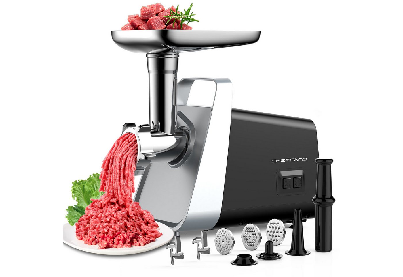 CHEFFANO Fleischwolf Fleischwolf Edelstahl mit Wurstfüller, Kebbe, 3Lochscheiben & 2Klingen, 350 W
