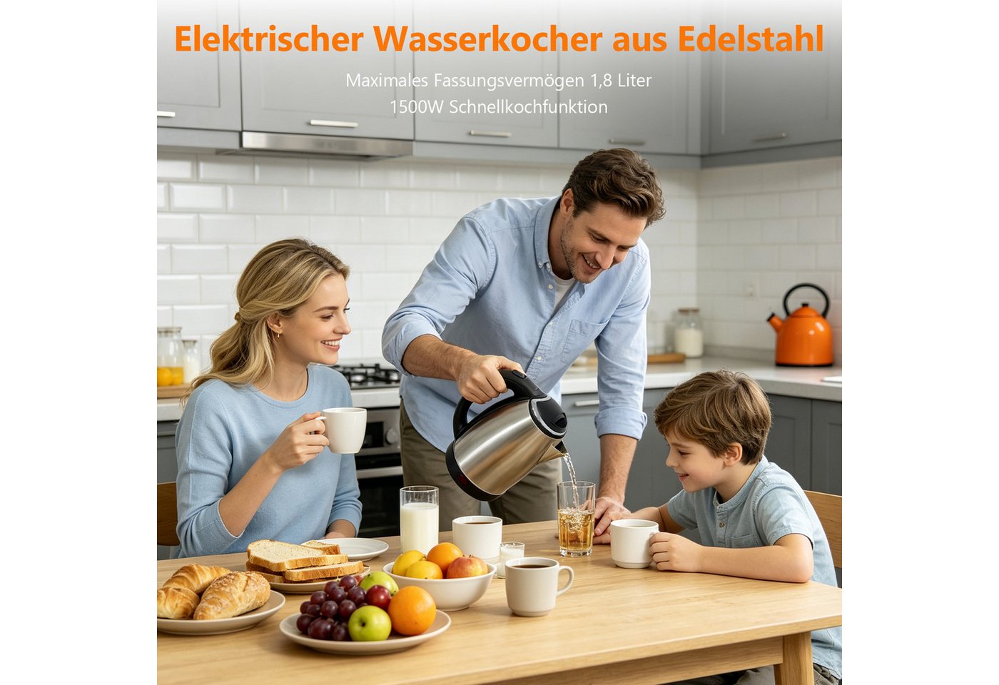 OZAVO Wasserkocher Edelstahl Wasserkocher 1.8L 1500W mit Kalkfilter und 360°-Basis, 1500 W, Abschaltautomatik,Trockenlaufschutz,100% BPA Frei Bild 2